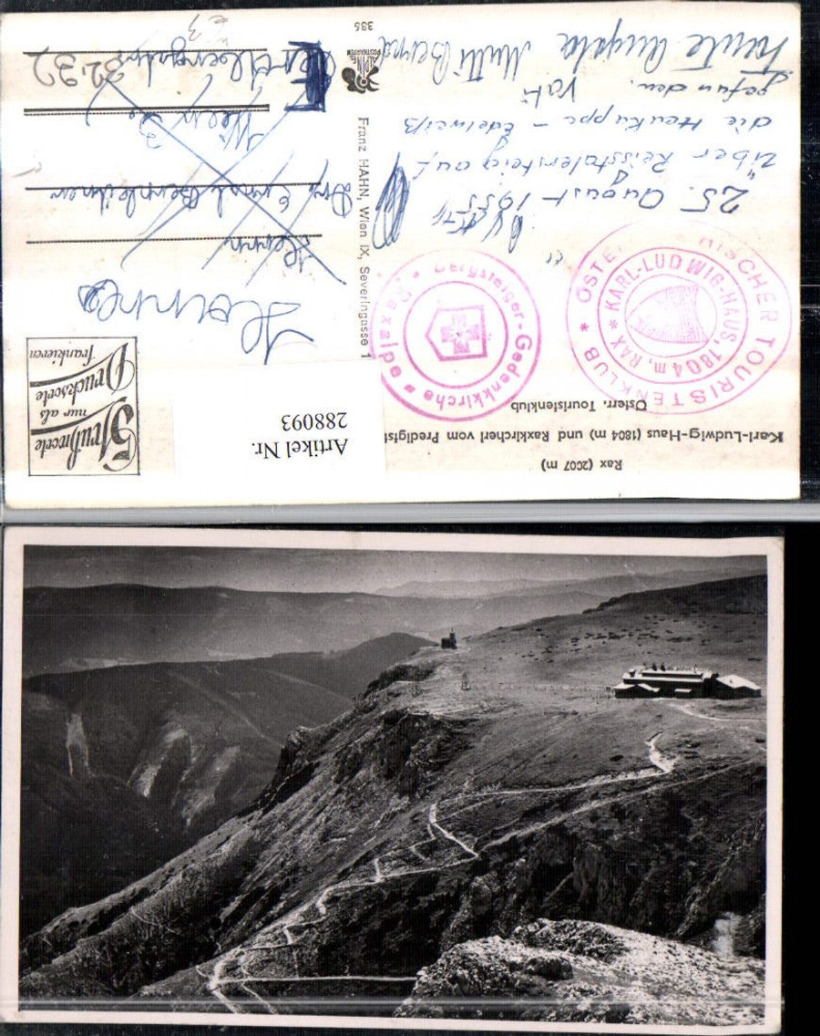288093,Rax Karl-Ludwig-Haus u. Raxkircherl v. Predigstuhl Bergkulisse b. Prein