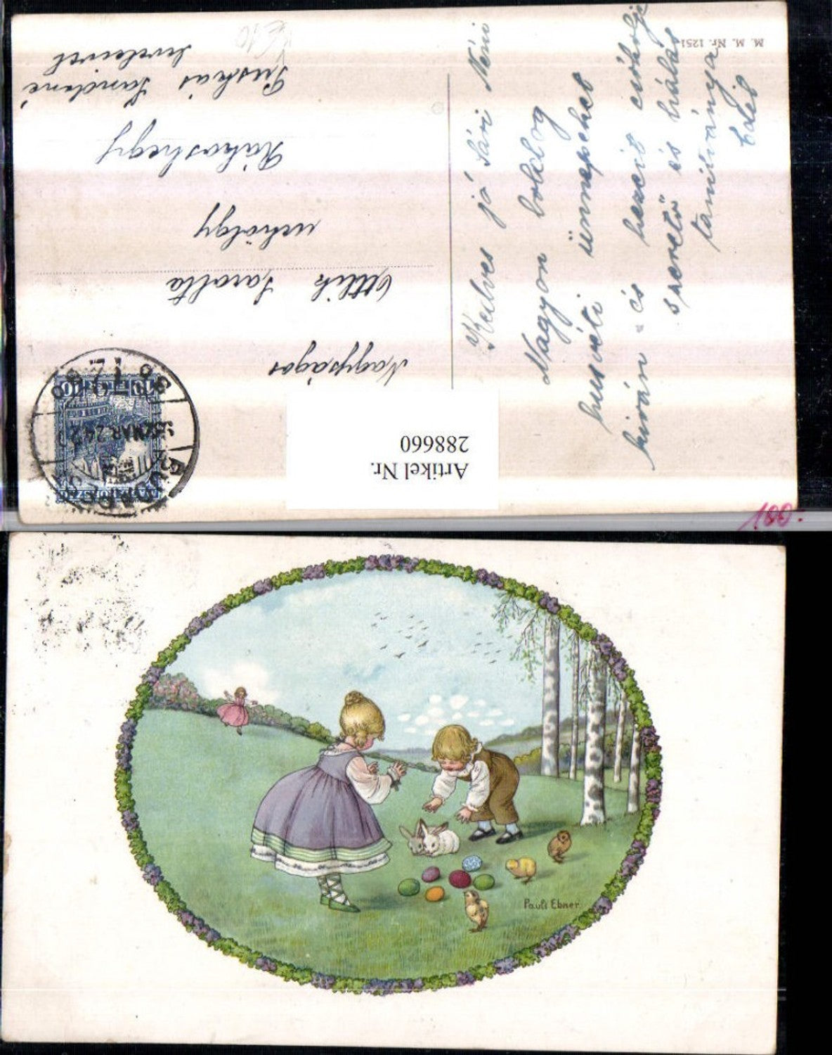 288660,Künstler AK Pauli Ebner Kinder Mädchen Kleid Ostereier Hasen Passepartout pub M. Munk 1251