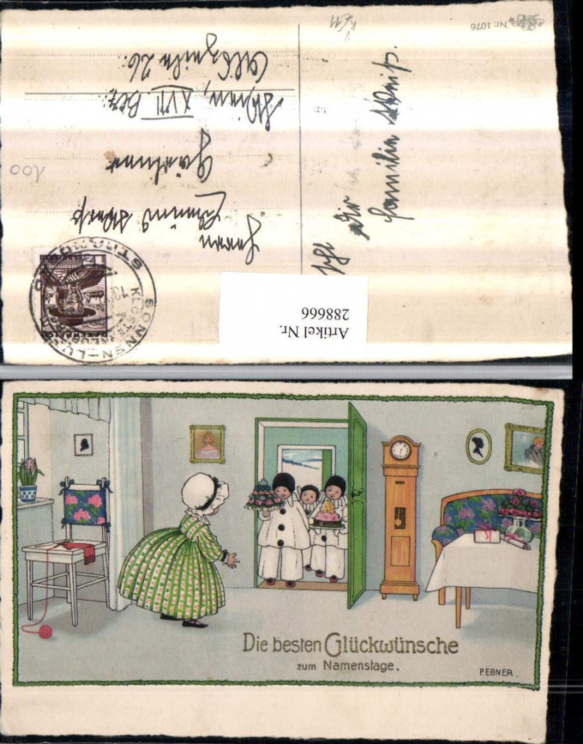 288666,Künstler AK Pauli Ebner Namenstag Kinder Harlekin Kleid Blumen Pendeluhr pub Erika 1076
