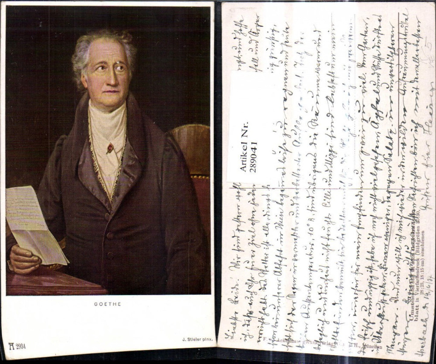 289041,Künstler Ak J. Stieler Johann Wolfgang v. Goethe m. Brief Lesen pub F. A. Ackermann 2934