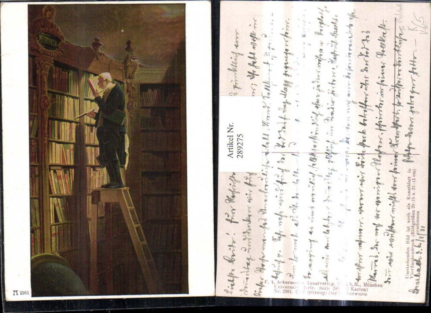 289275,Künstler Ak Carl Spitzweg Der Bücherwurm Bibliothek Bibliothekar Lesen pub F. A. Ackermann 289/2981