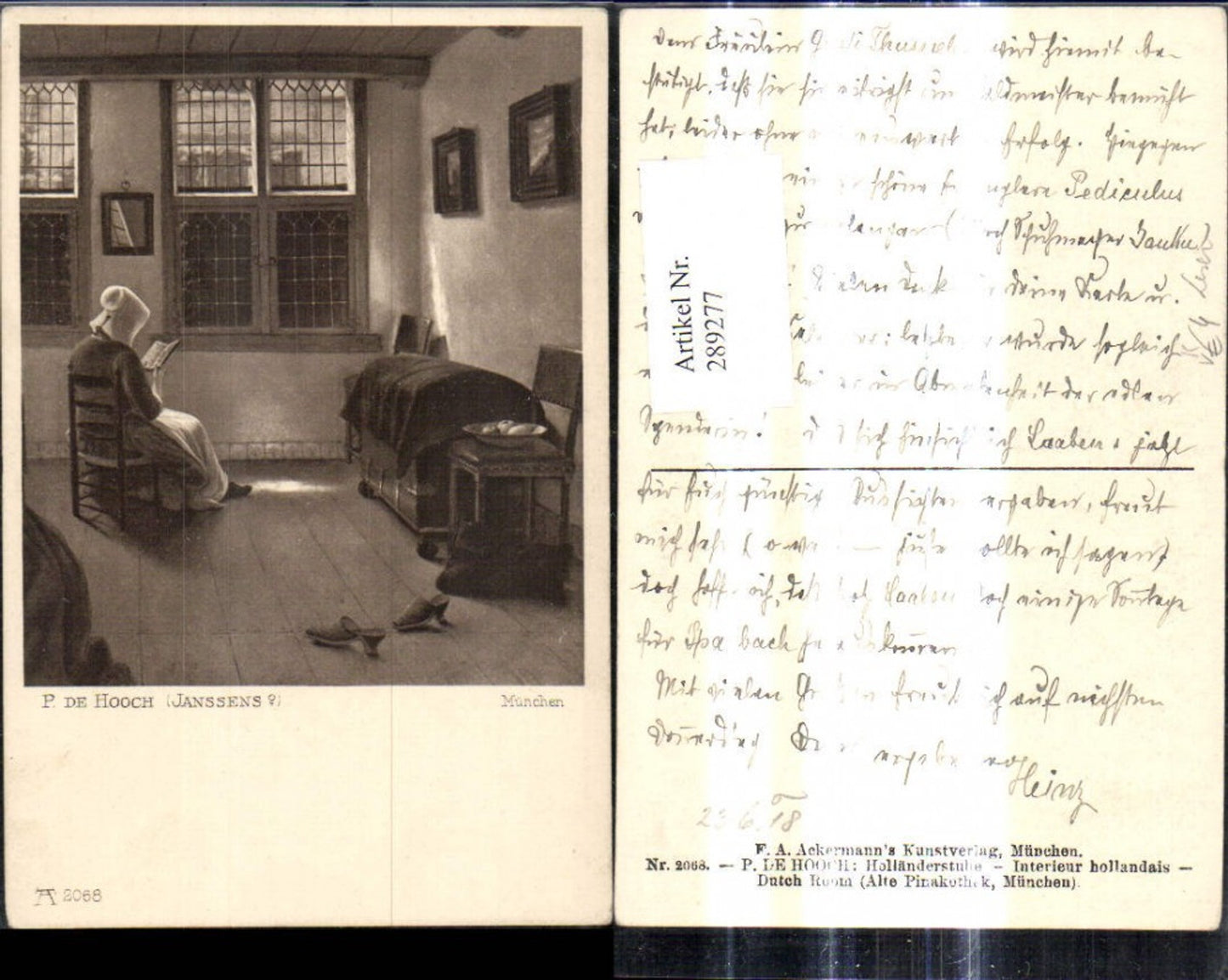 289277,Künstler Ak P. de Hooch Janssens Frau liest Buch Lesen Holländerstube pub F. A. Ackermann 2068