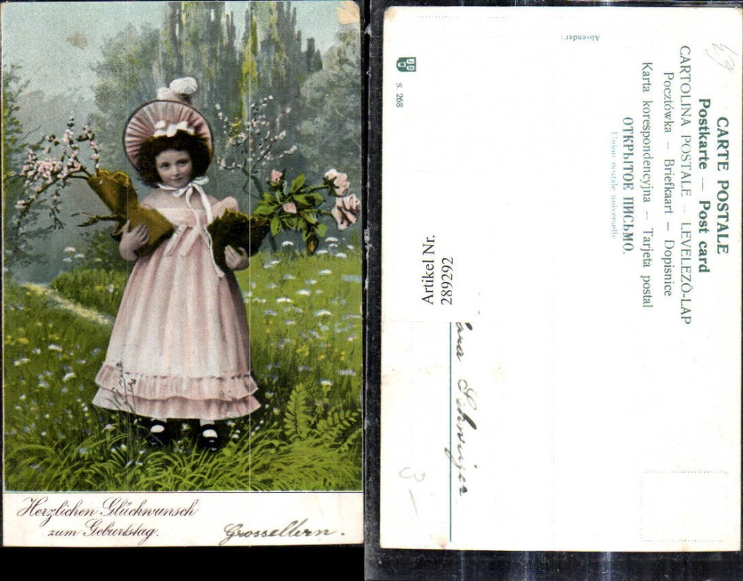 289292,Kind Mädchen i. Kleid Hut m. Blumentopf Rosentopf