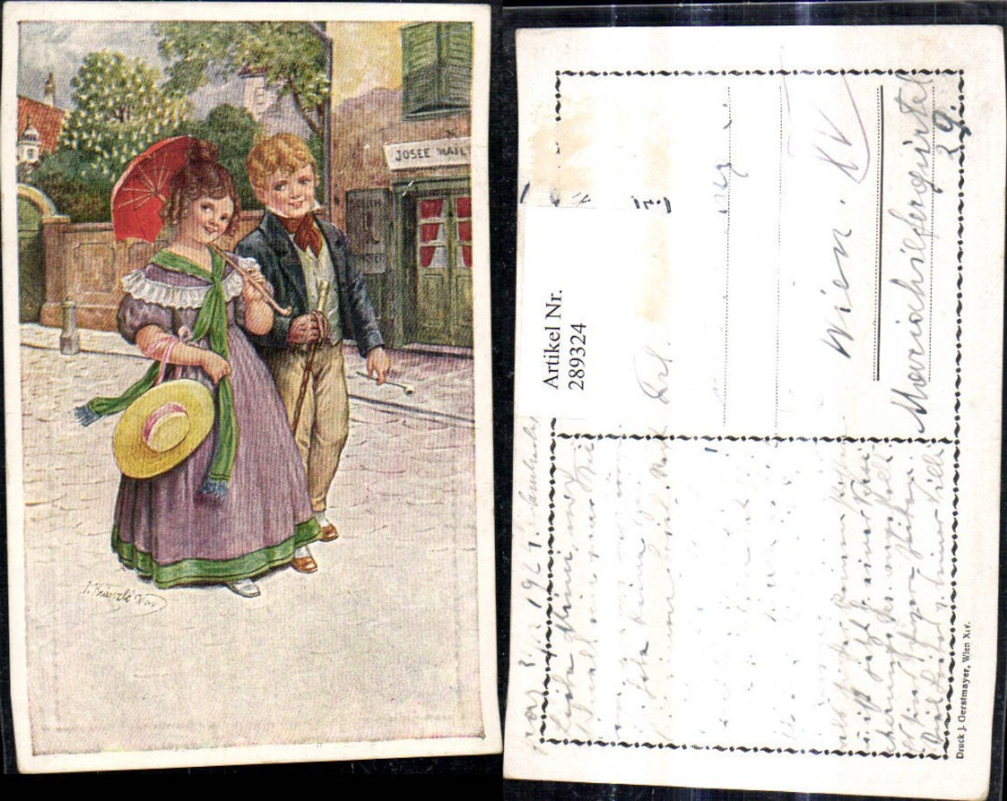 289324,Künstler Ak J. Kränzle Kinder i. Anzug Kleid Schirm Hut Spazierstock Strassenansicht