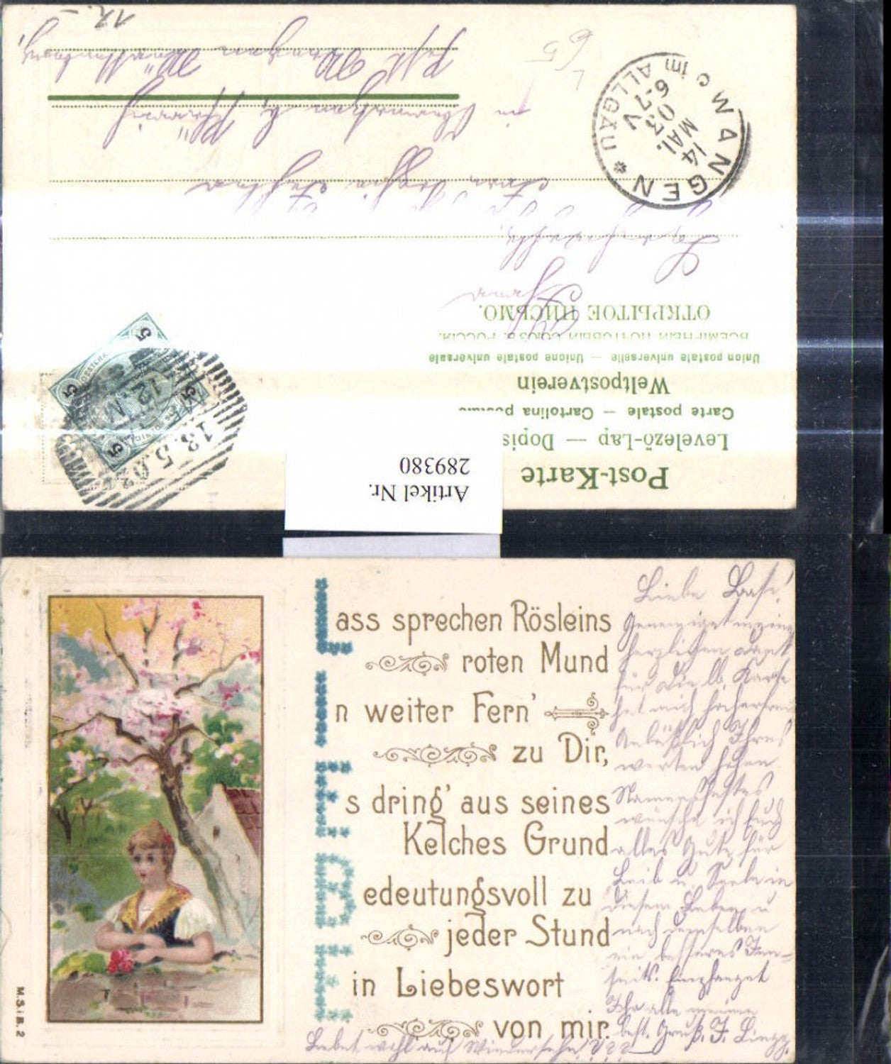 289380,Präge Litho Liebe Frau b. Mauer stehend Baum Rosen Buchstaben a. Blumen Vergissmeinnicht Text