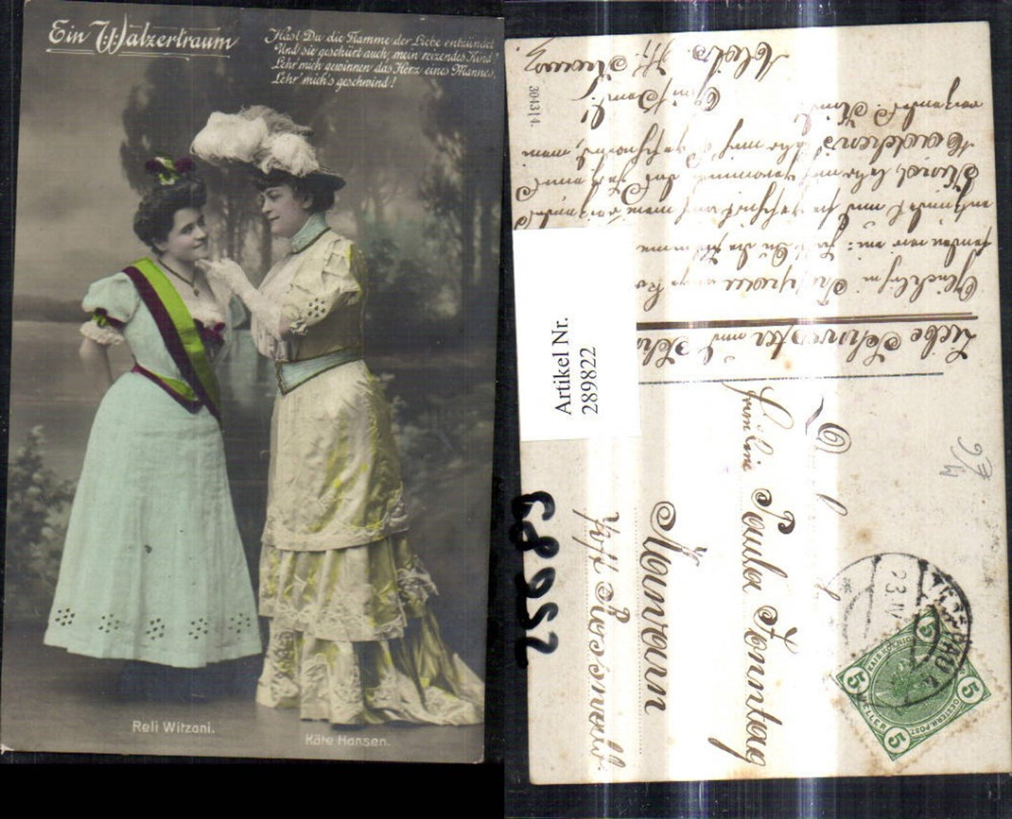 289822,Frauen m. Hut Federhut Kleid Schauspielerinnen Reli Witzani Käte Hansen Ein Walzertraum Text