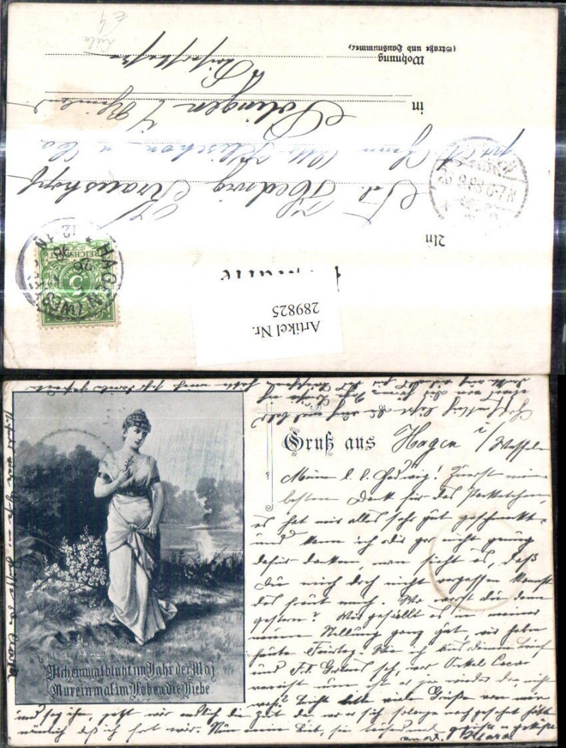 289825,Künstler Ak Frau m. Blütenstrauch Zweig i. Hand Spruch Liebe