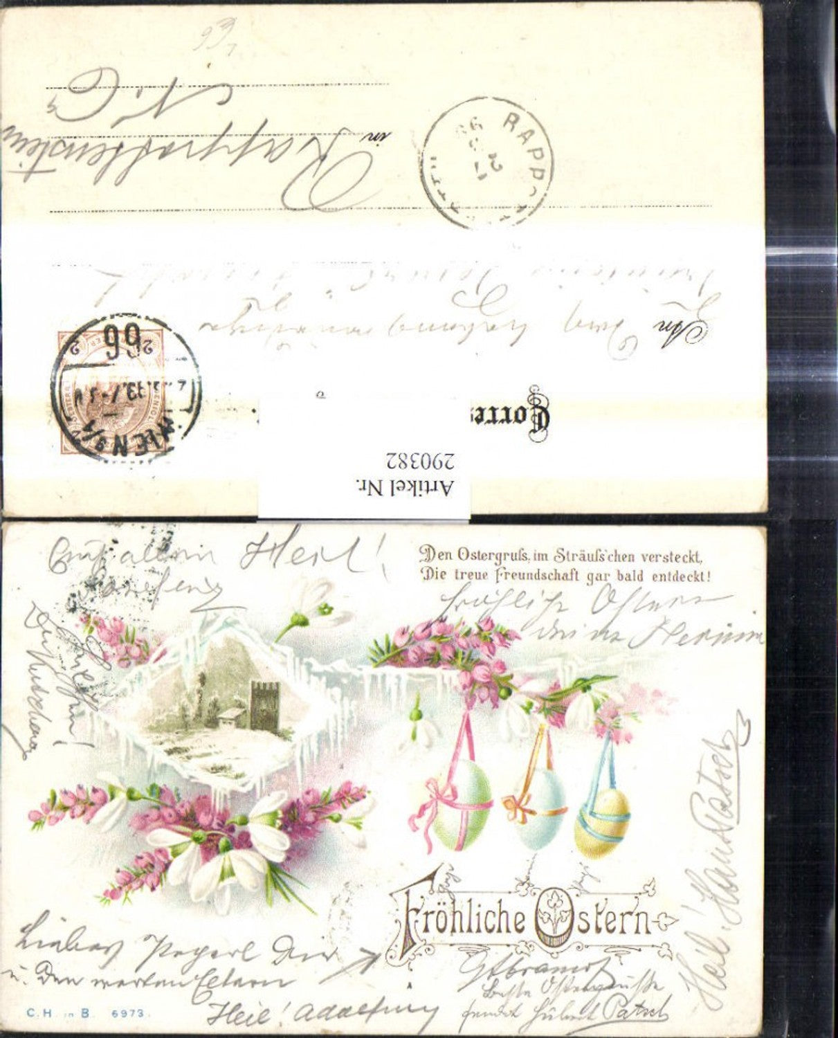 290382, Lithograph Easter House Landscape Passepartout Flowers Easter Eggs Eggs Ribbons Snowdrops Saying