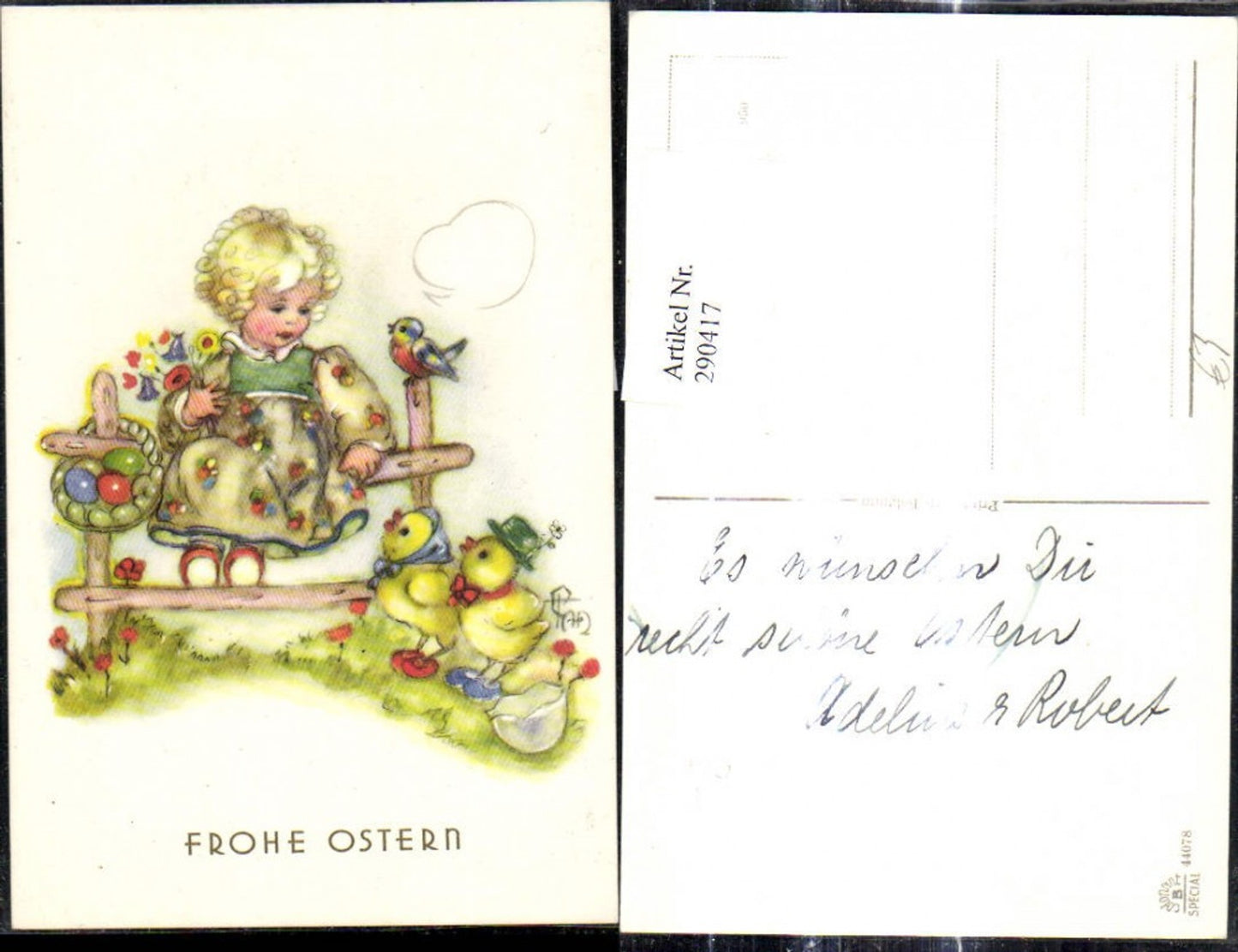 290417,Künstler Ak Ostern Süsses Mädchen sitzt a. Zaun Küken Vogel Ostereier Eier Blumen