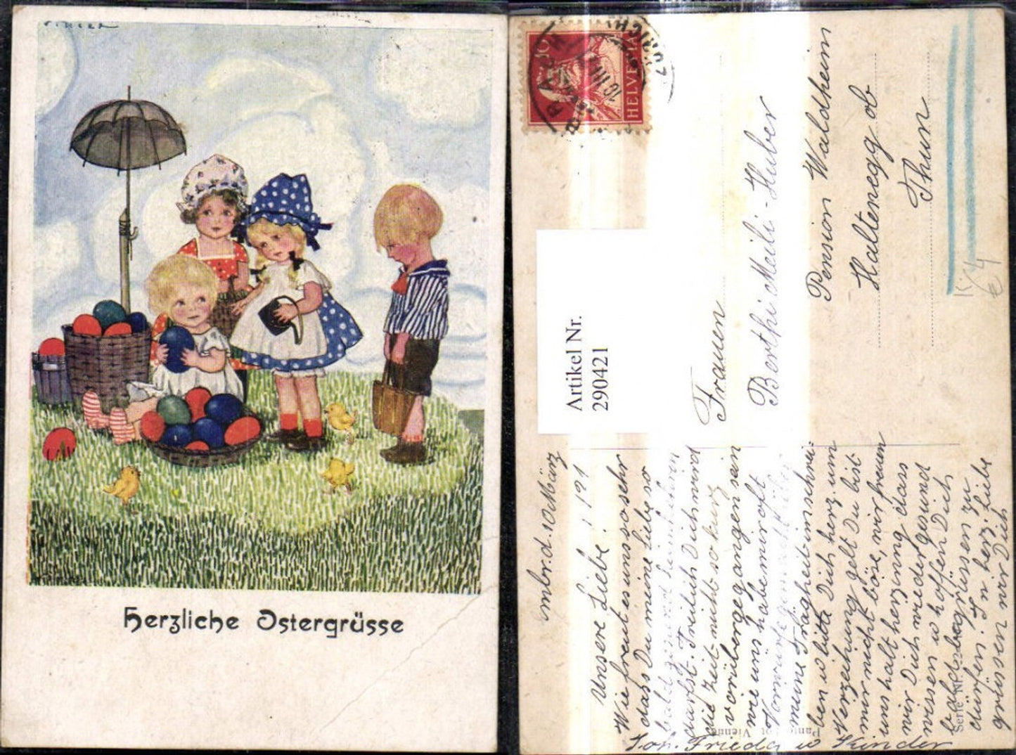 290421,Künstler Ak Ostern Kinder Korb Ostereier Eier Küken Schirm Matrosenanzug