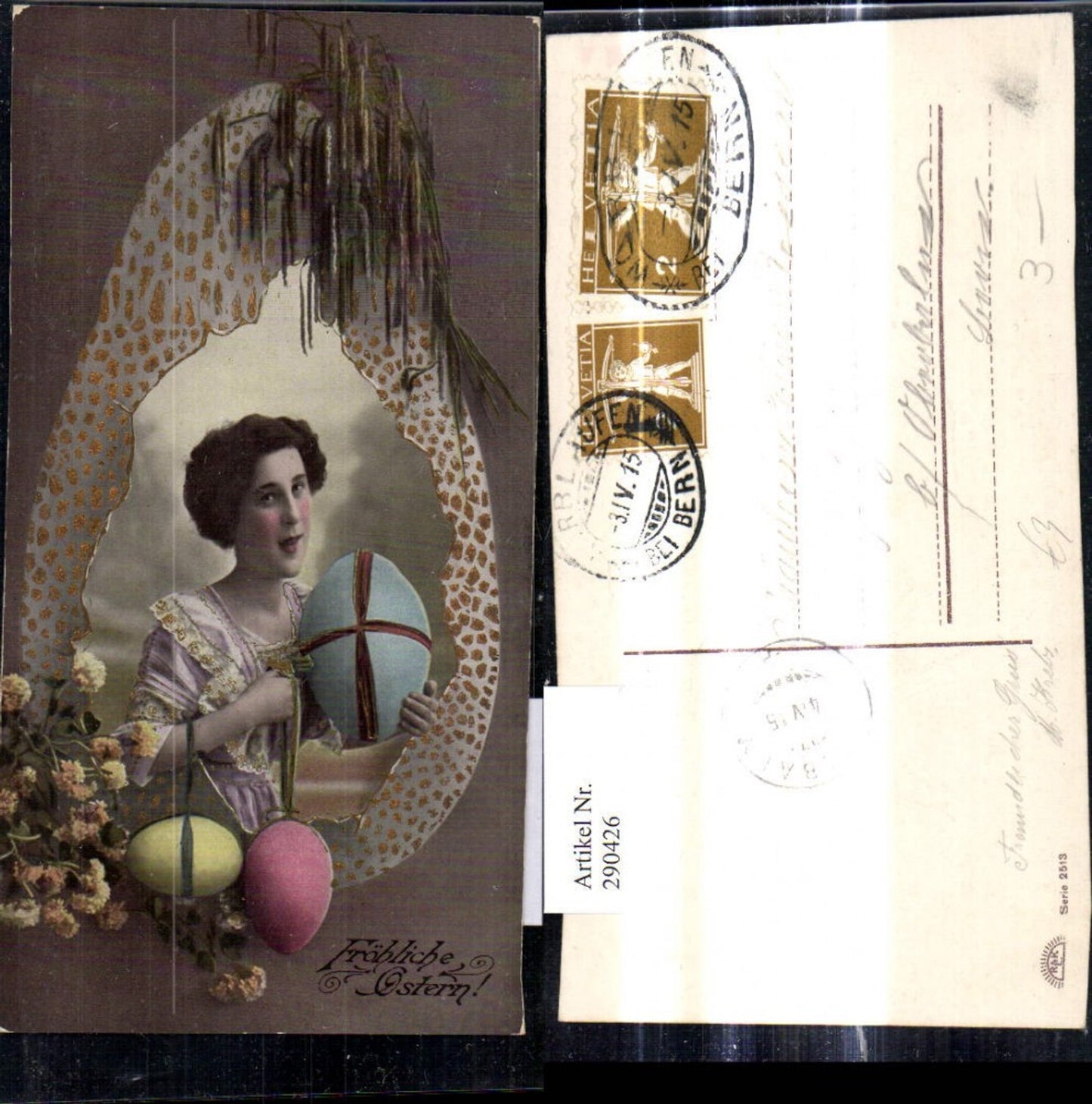 290426,Präge Ak Ostern Frau m. Ei Ostereier a. Schleife Blumen Goldverzierung