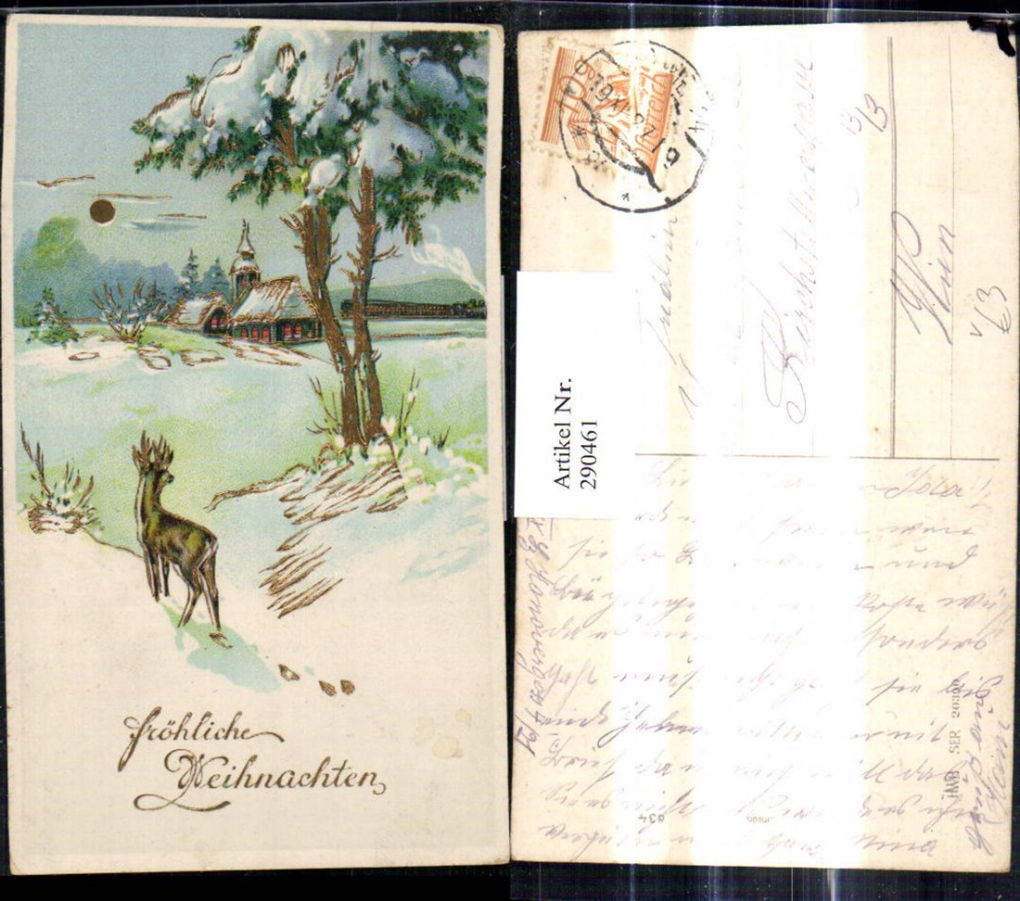 290461, Artist Ak Christmas Deer Wild Church Winter Landscape Sun Gold Ornament pub HWB 20390