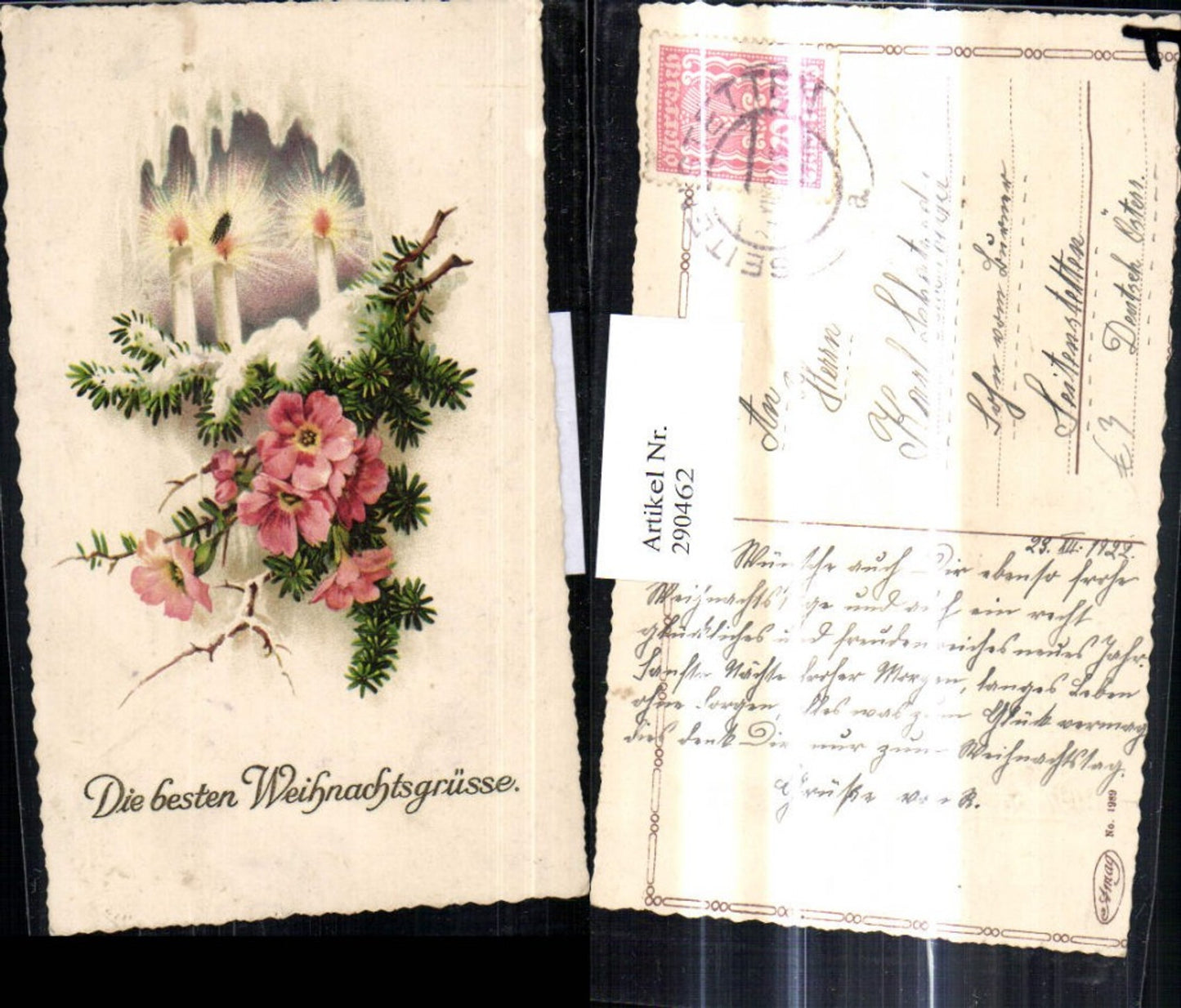 290462, Artist Ak Christmas Burning Candles Fir Branch with Snow Blossoms Flowers
