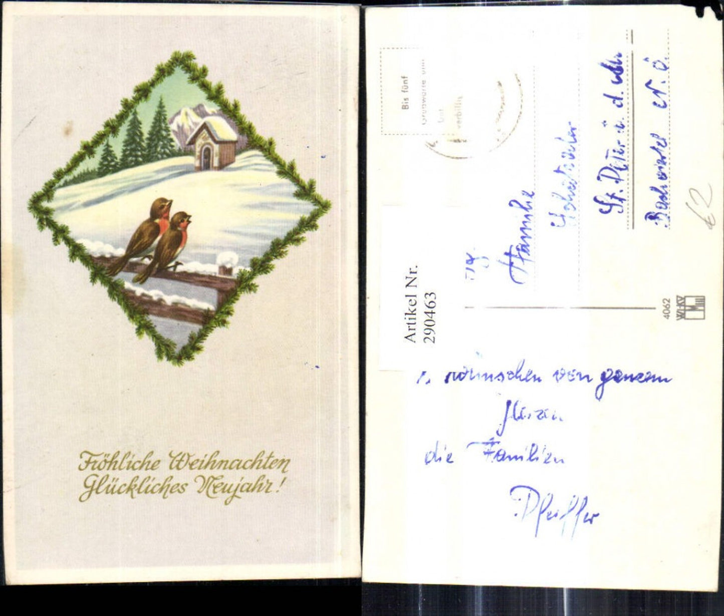 290463, Artist Ak Christmas Birds on Fence Chapel Winter Landscape Passepartout Fir Garland