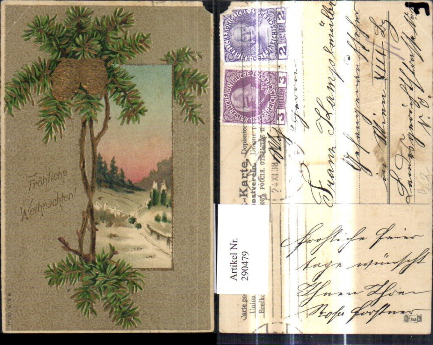 290479, Embossed Christmas Winter Forest Passepartout Fir Branch Cone Gold Decoration