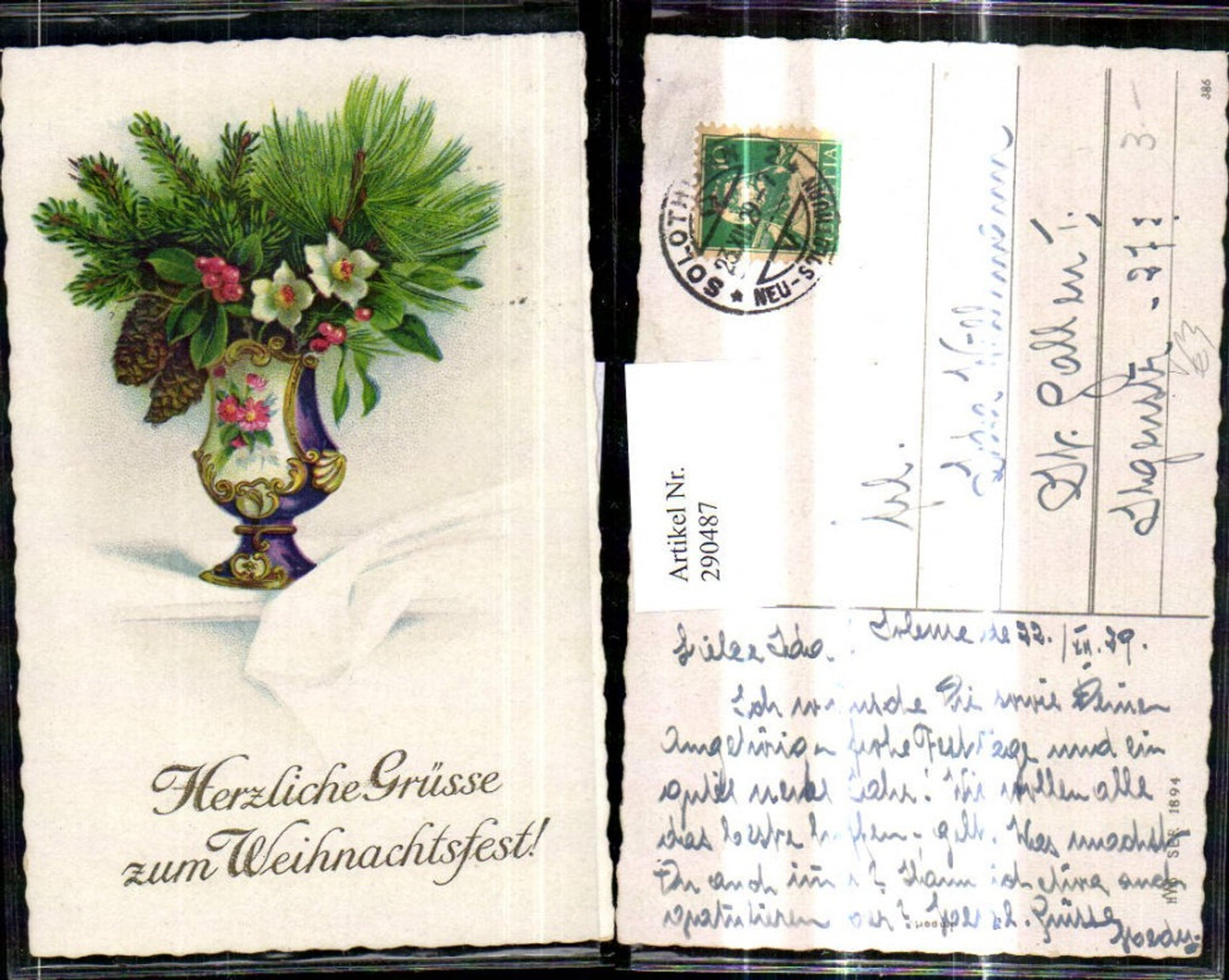 290487, Artist AK Christmas Vase with fir and pine branches, Christmas rose, and cones, published HWB 1894