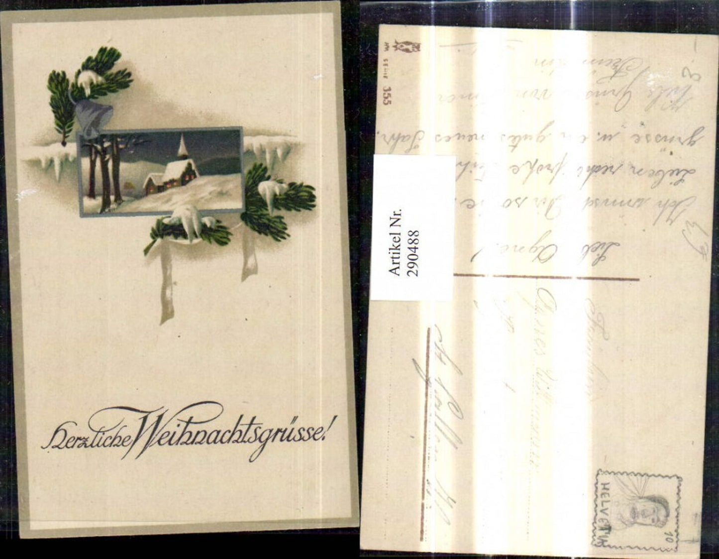 290488, Artist AK Christmas Church Winter Landscape b. Night Passepartout Fir Branch Bell Snow