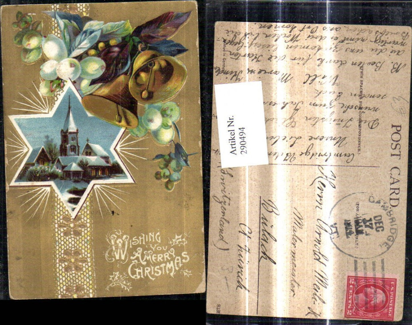 290494, Embosser postcard Christmas church winter view at night passe-partout star bell