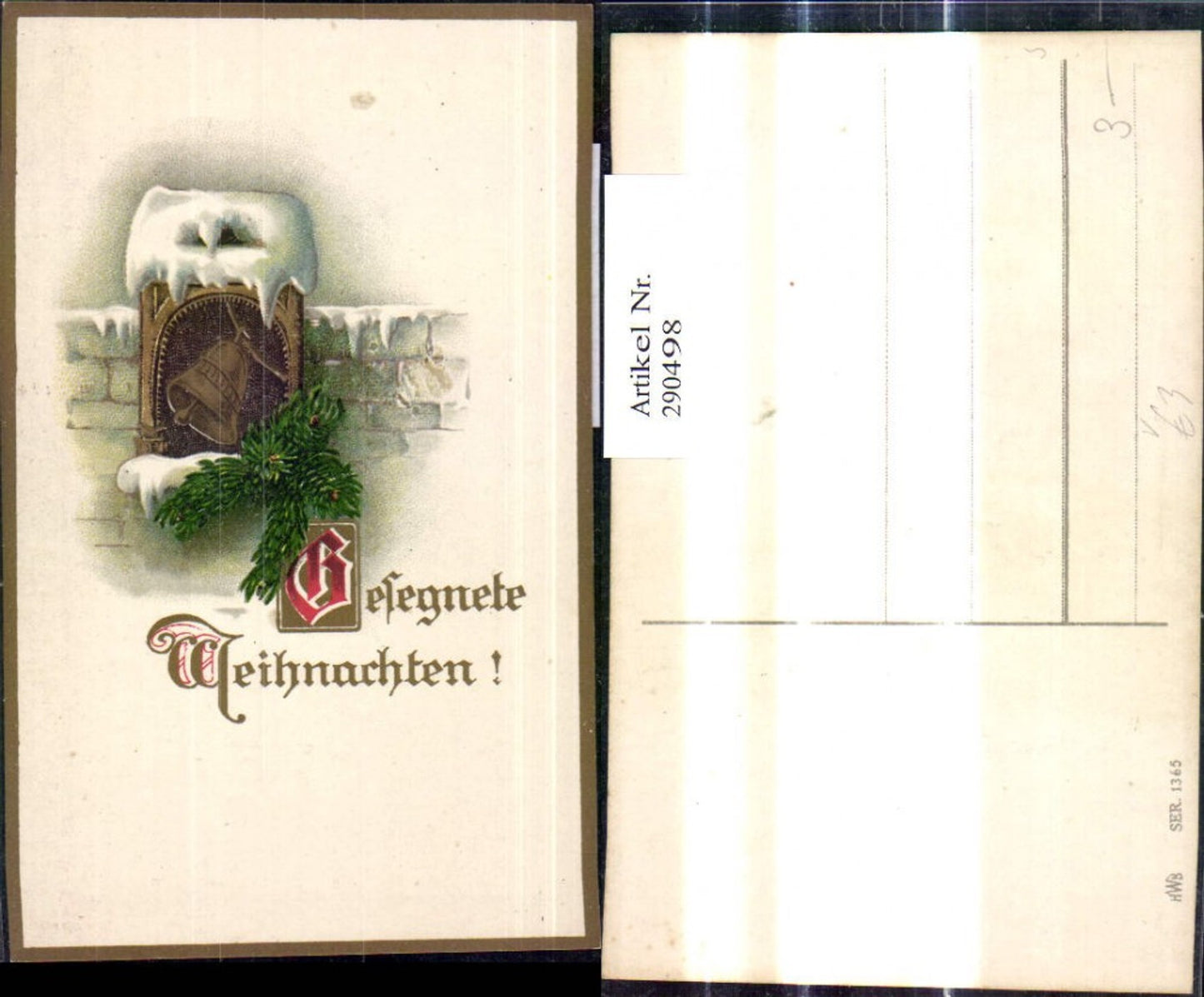 290498, Artist Ak Christmas Bell Fir Branch Stone Wall Snow Gold Lettering pub HWB 1365