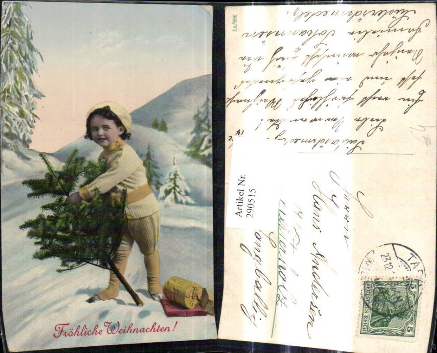 290515, Christmas boy with fir tree, gifts, packages, winter landscape
