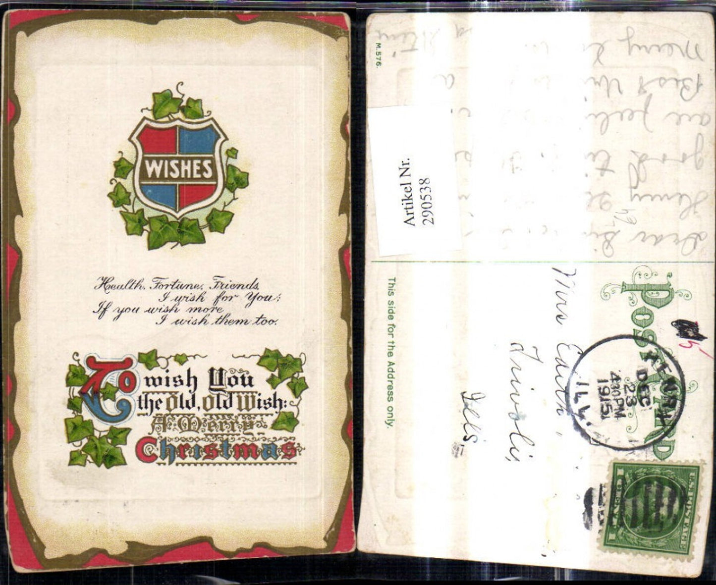 290538, Embossed Lithograph Christmas Coat of Arms Shield Ivy Vine Ivy Saying Paper Roll