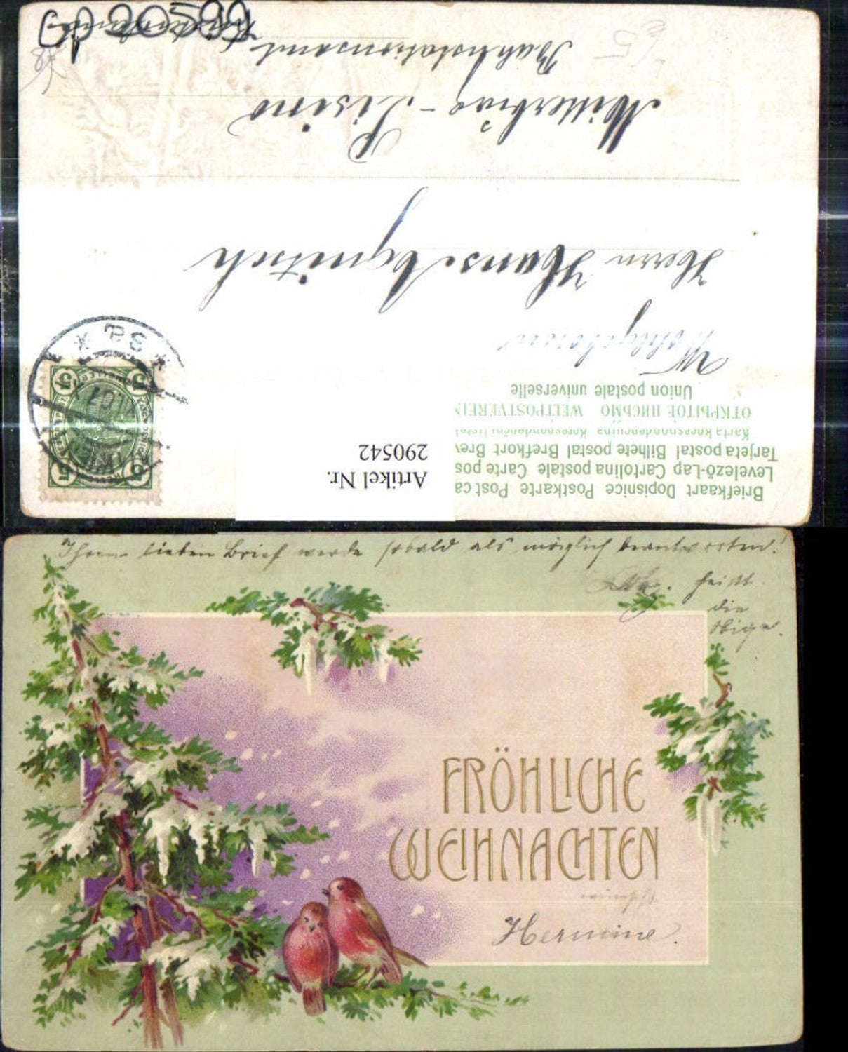 290542, Embossed Lithograph Christmas Birds Christmas Tree Snow Passepartout