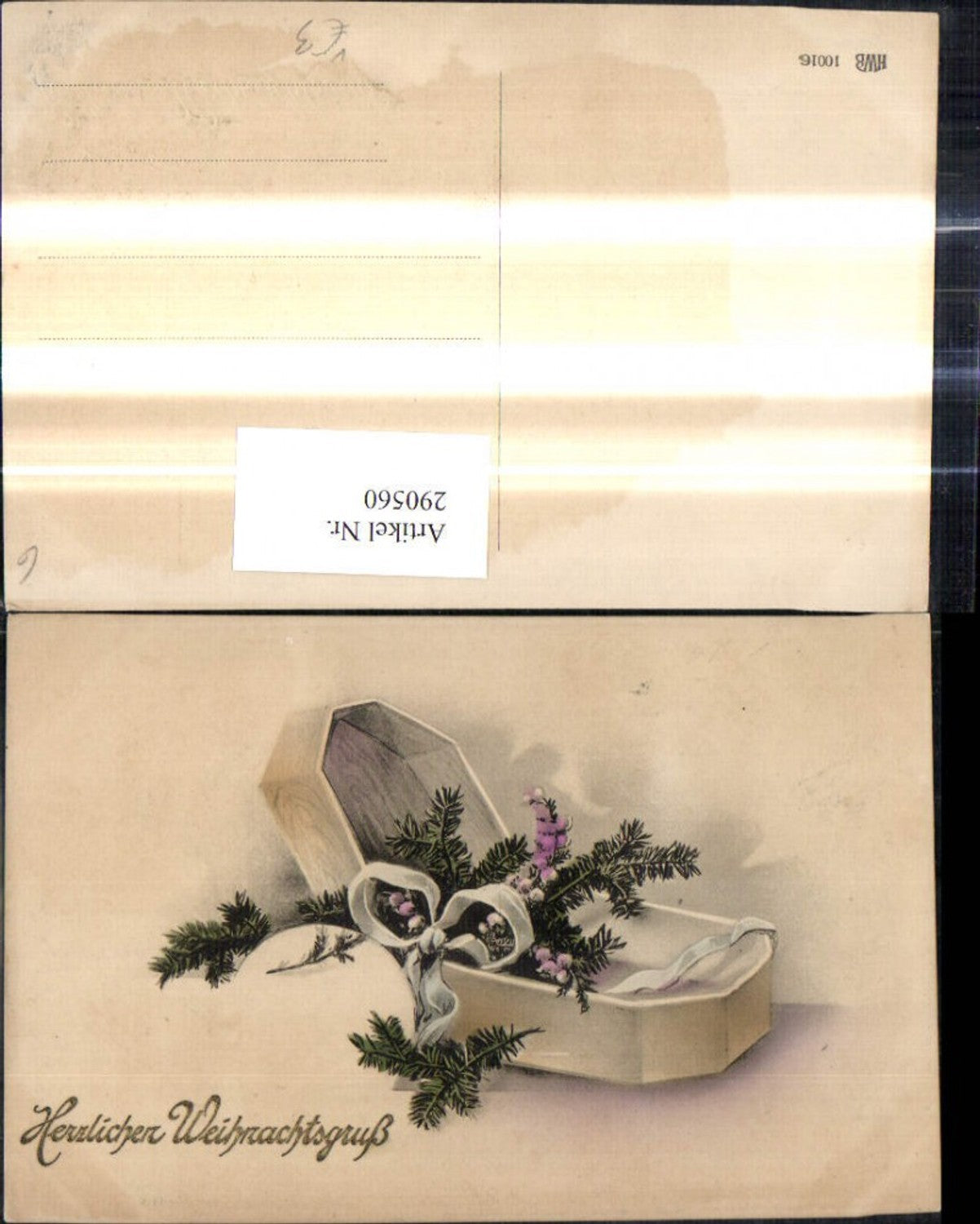 290560, Christmas box, fir branch, flowers, ribbon, gold lettering, pub HWB 10016