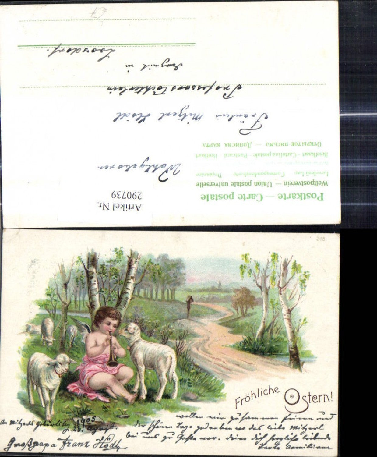 290739, Lithograph Easter Angel playing flute Sheep Path Birch trees Landscape