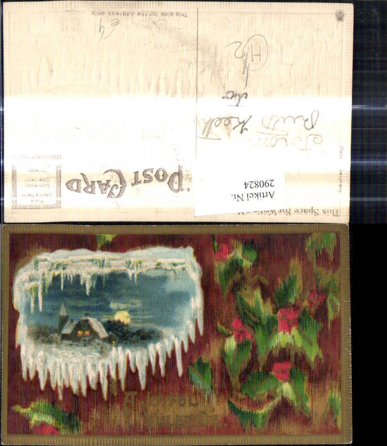 290824, embossed postcard Christmas church winter night moon snow cones A Joyful Yuletide