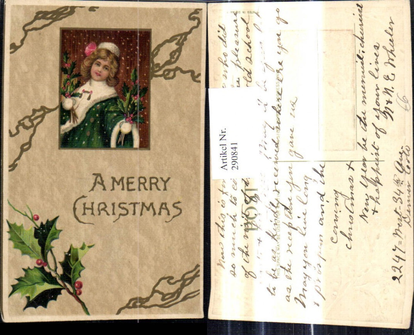 290841, Embossed Christmas Girl's Bonnet with Fur and Holly Branches A Merry Christmas