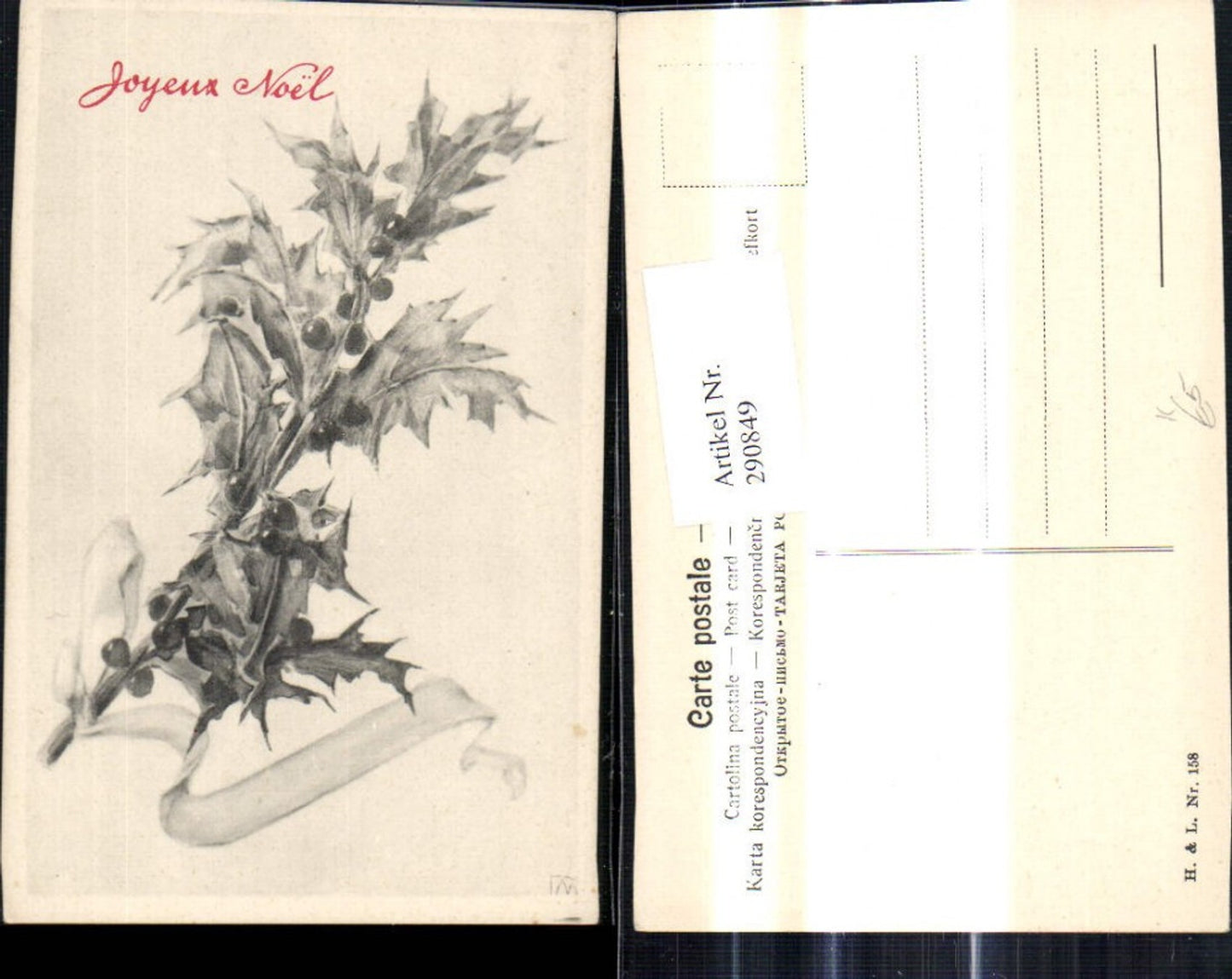 290849, Artist Ak Christmas Holly Branch Bow Joyeux Noel