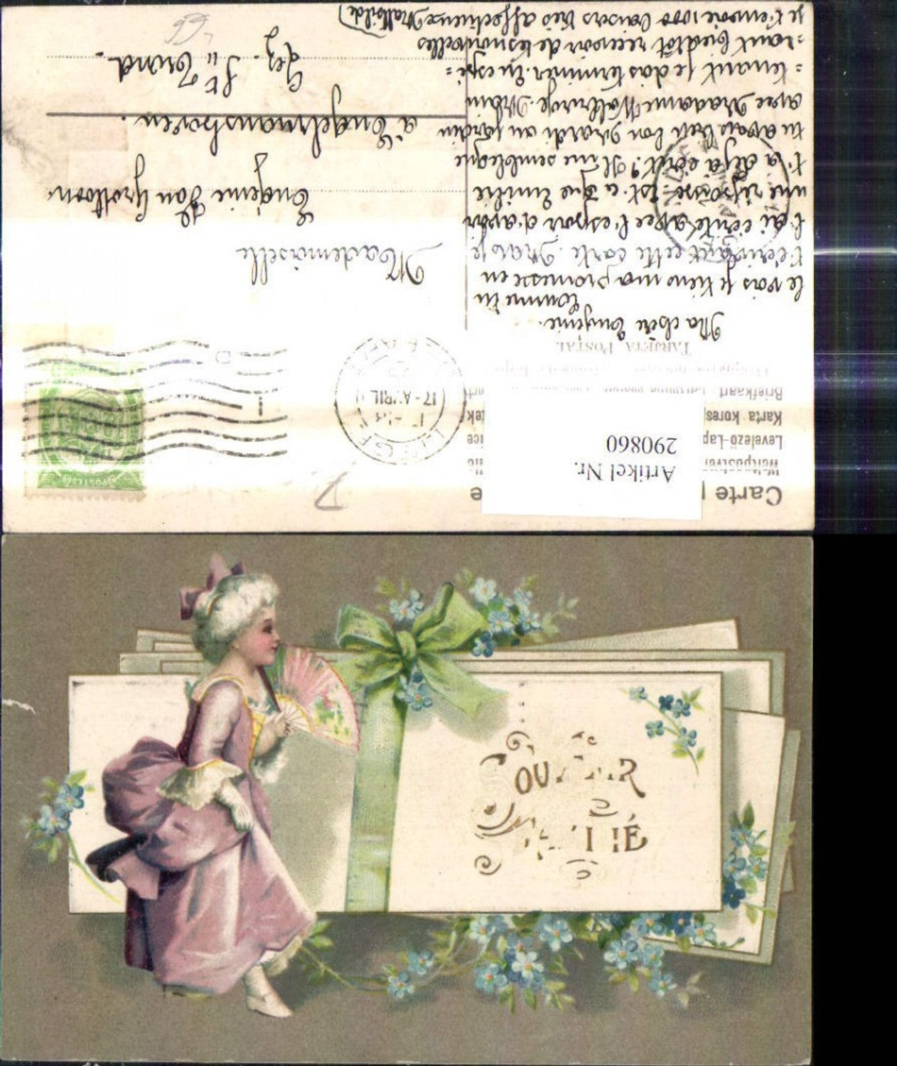 290860,Präge Litho Frau Fächer Kleid Haarschleife Briefkuverts m. Schleife gebunden Vergissmeinnicht Blumen