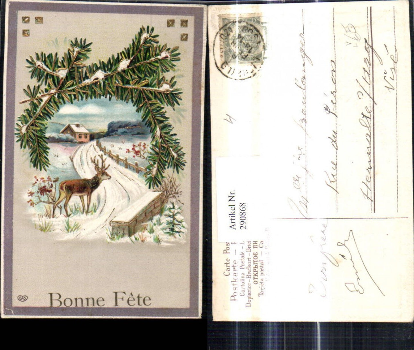 290868,Präge Künstler Litho Hirsch Haus Strasse Winterlandschaft Tannenzweig Goldverzierung pub EAS