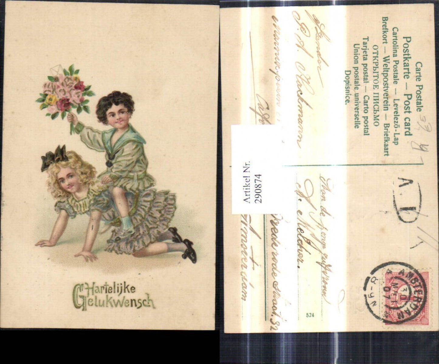 290874,Präge Litho Bub Junge Matrosenanzug reitet a. Mädchen Blumenstrauß Kuvert Hartelijke Gelukwensch