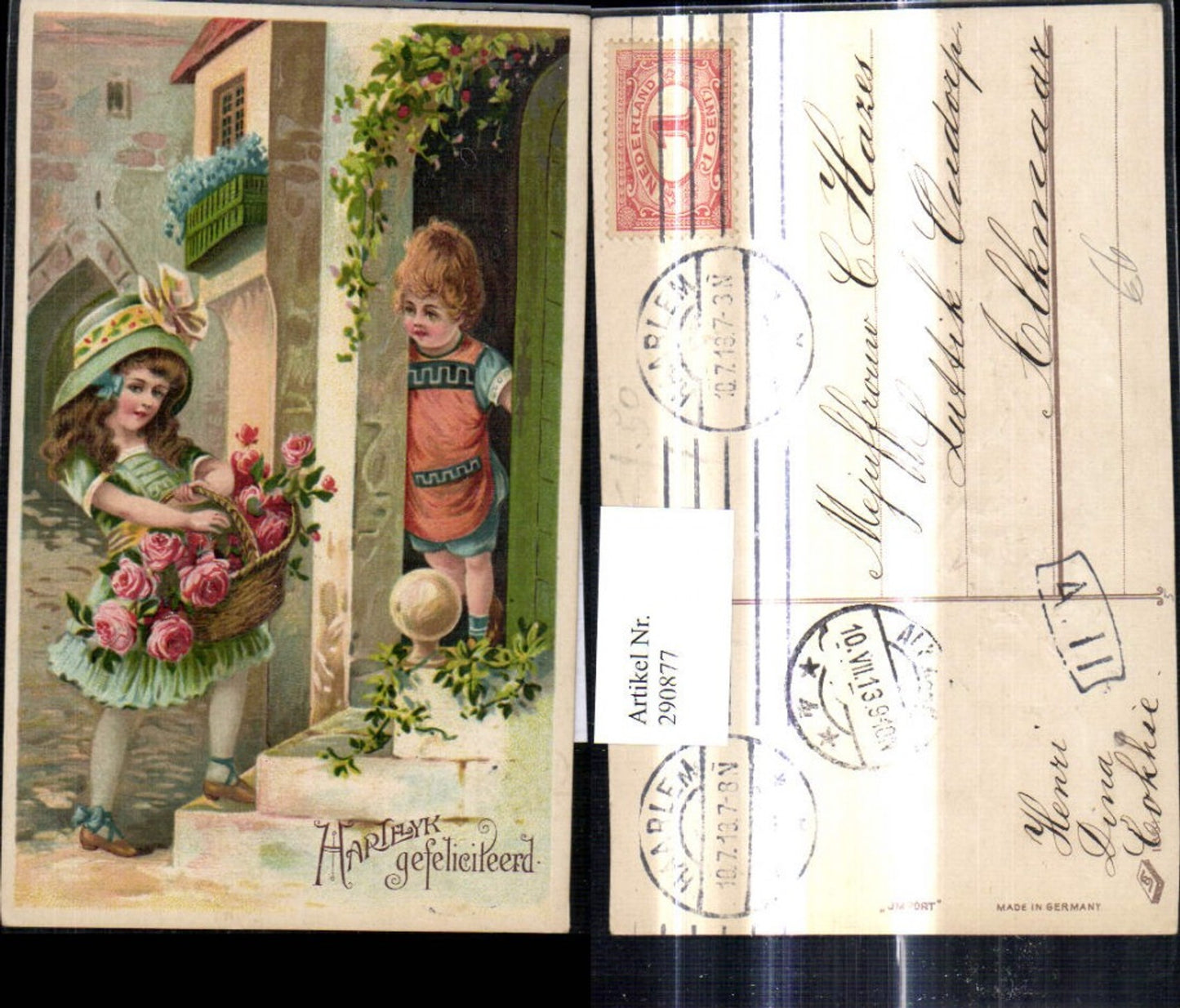 290877,Präge Ak Mädchen m. Rosenkorb Korb Rosen Blumen v. Haus Bub Junge Hartelyk gefeliciteerd