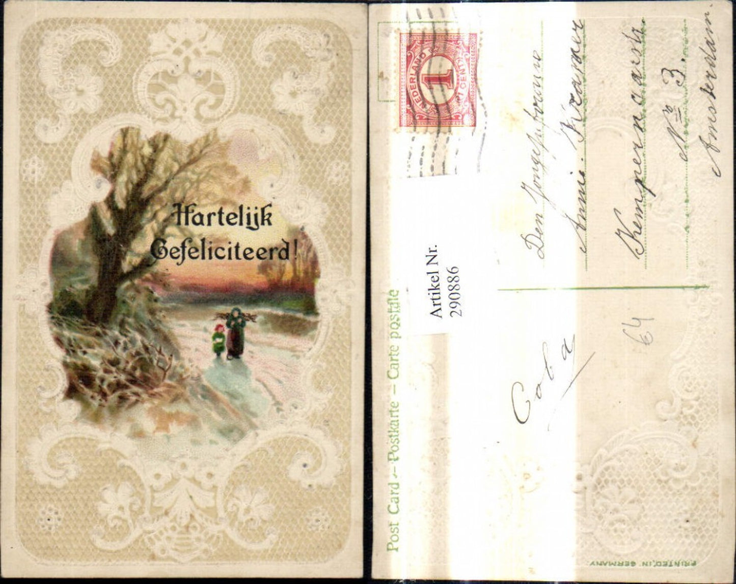 290886, embossed artist postcard, old woman with child, gathering wood in a winter landscape, passe-partout, lace ornament