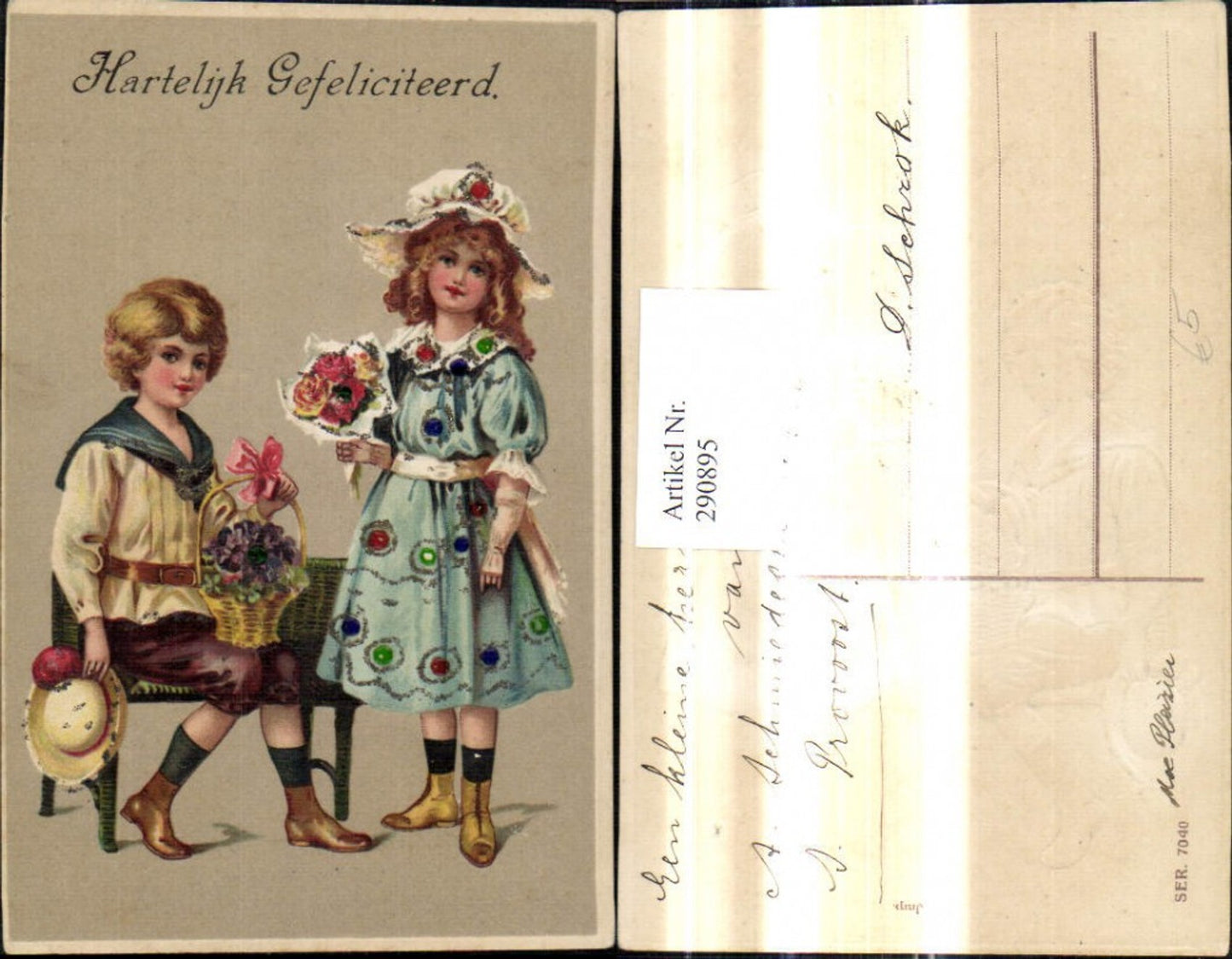 290895,Embossed Ak Girl's Dress Boy Sailor Suit Bouquet Basket Flowers Hartelijk Gefeliciteerd
