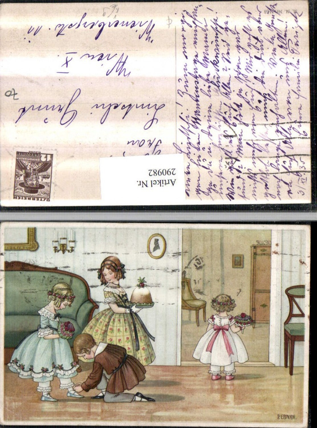 290982,Künstler AK Pauli Ebner Glückwunsch Kinder Kleider Kuchen Blumen pub M. Munk 1168