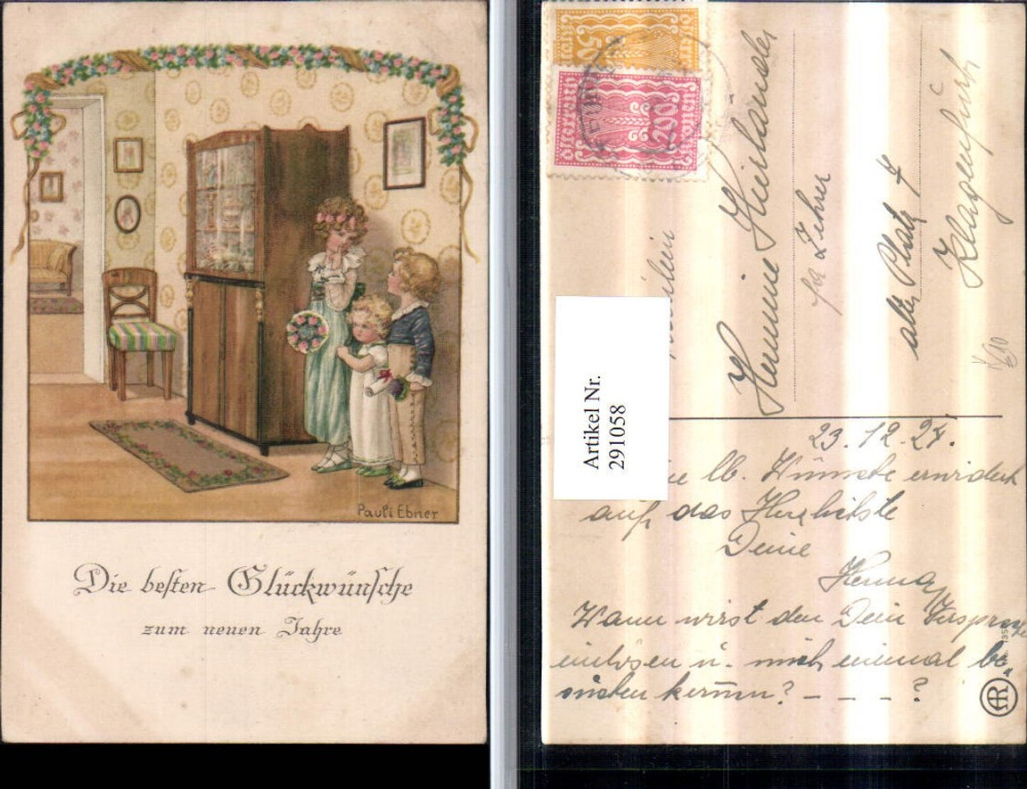 291058,Künstler AK Pauli Ebner Neujahr Kinder Blumen Schrank Stuhl pub August Rökl 1350