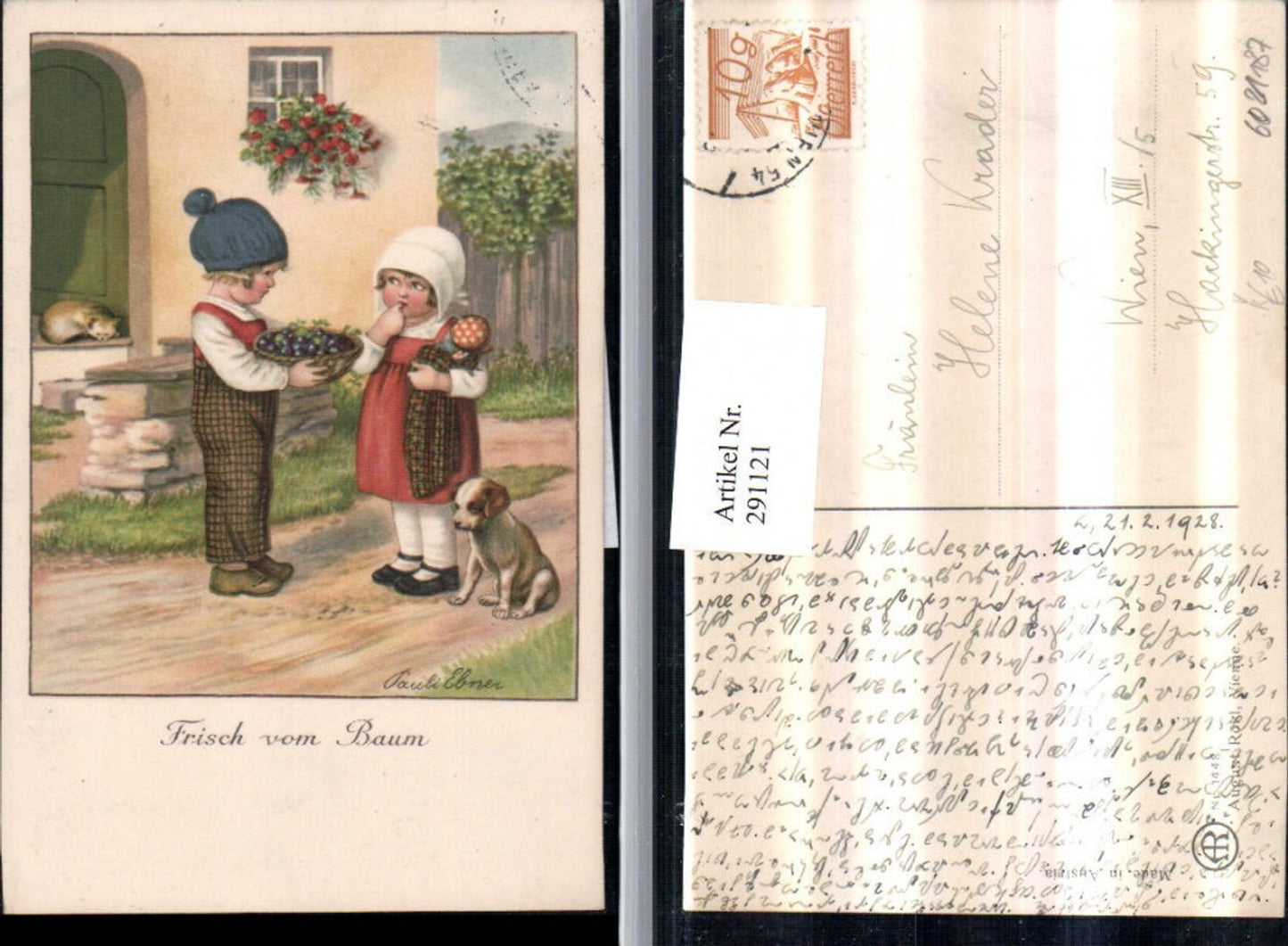 291121,Künstler AK Pauli Ebner Frisch vom Baum Kinder Korb Pflaumen Hund Puppe pub August Rökl 1448