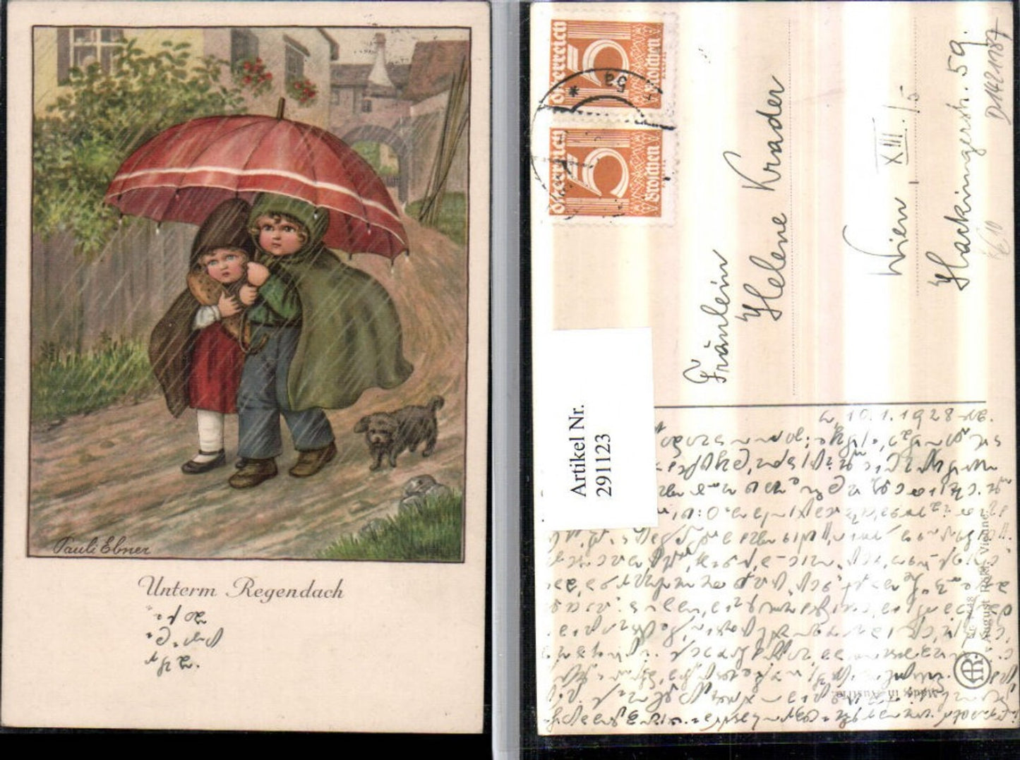 291123,Künstler AK Pauli Ebner Unterm Regendach Kinder Regenschirm Hund pub August Rökl 1448
