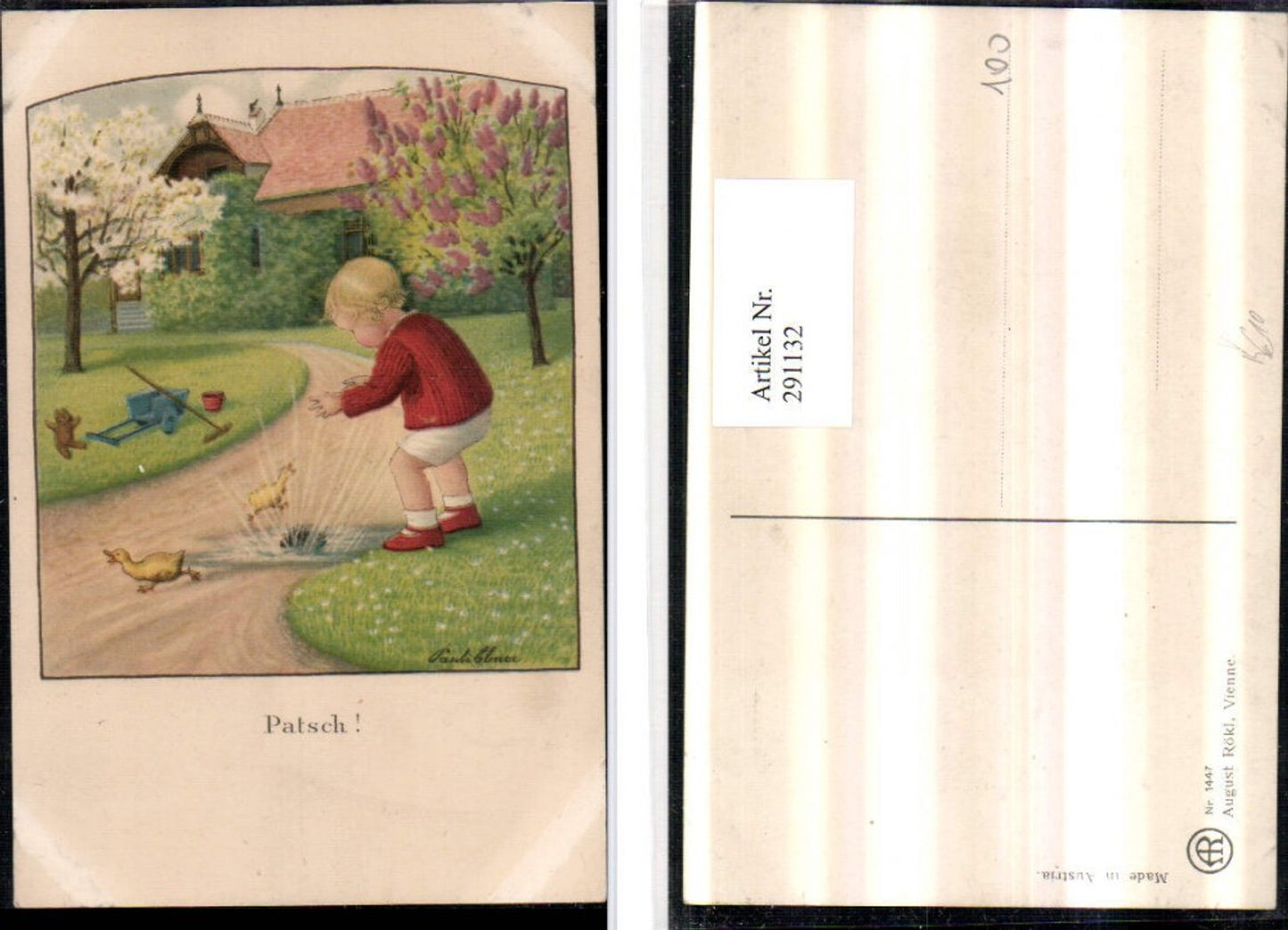 291132,Künstler AK Pauli Ebner Junge wirft Stein Wasserlache Enten pub August Rökl 1447