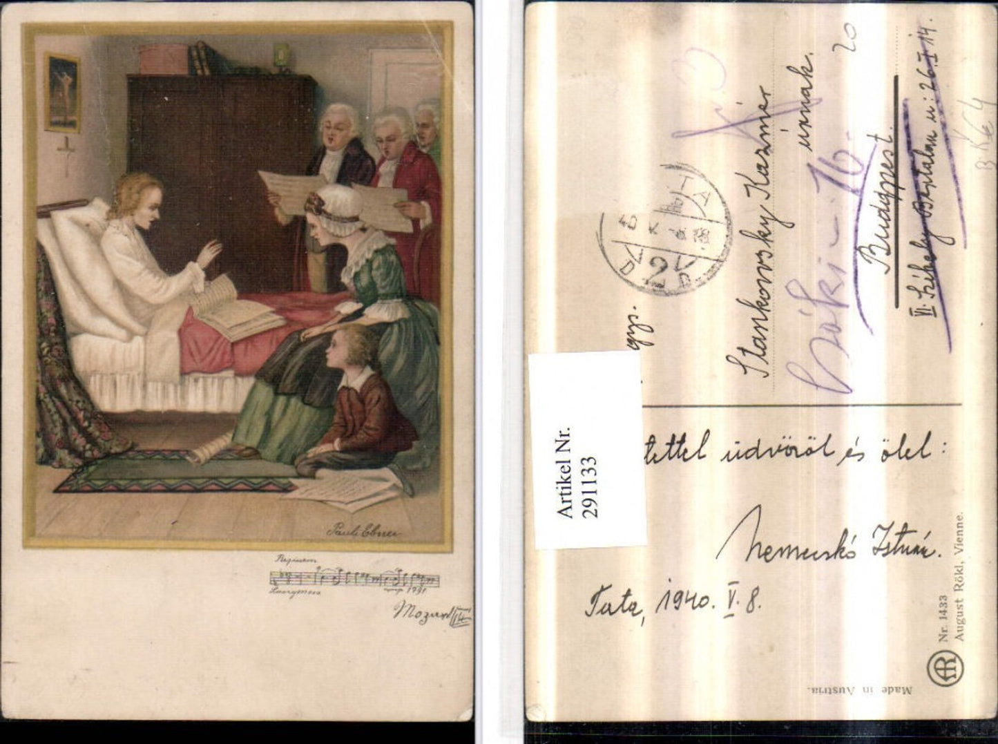 291133, Artist AK Pauli Ebner Woman in bed Men singing Requiem Mozart pub August Rökl 1433