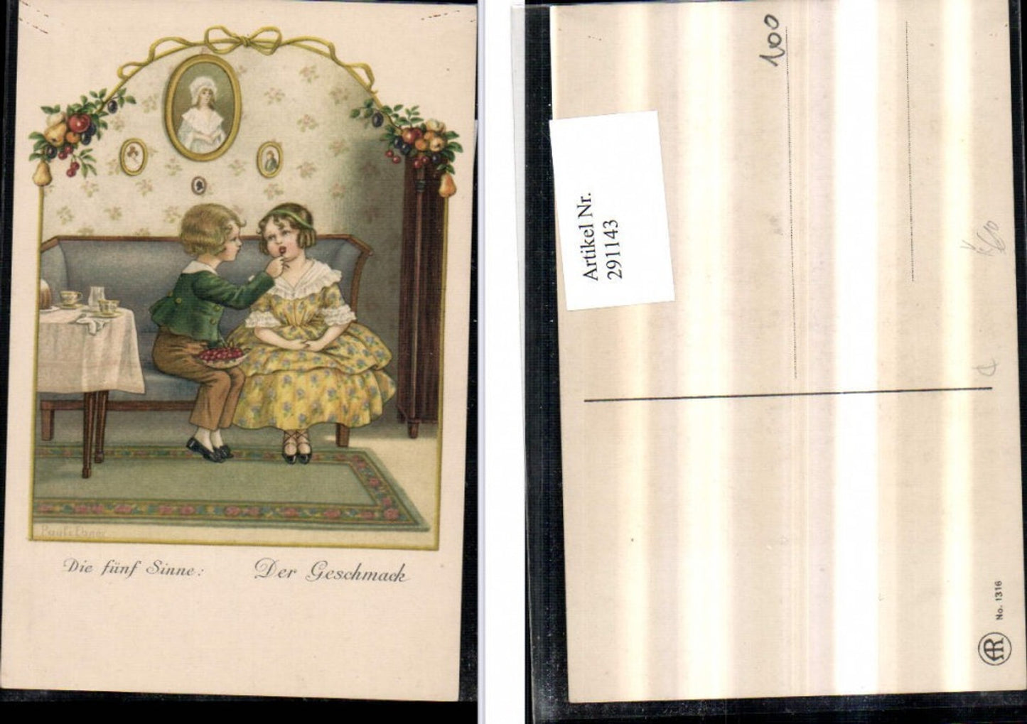 291143, Artist AK Pauli Ebner Five Senses Taste Girl Dress Boy Cherries pub August Rökl 1316
