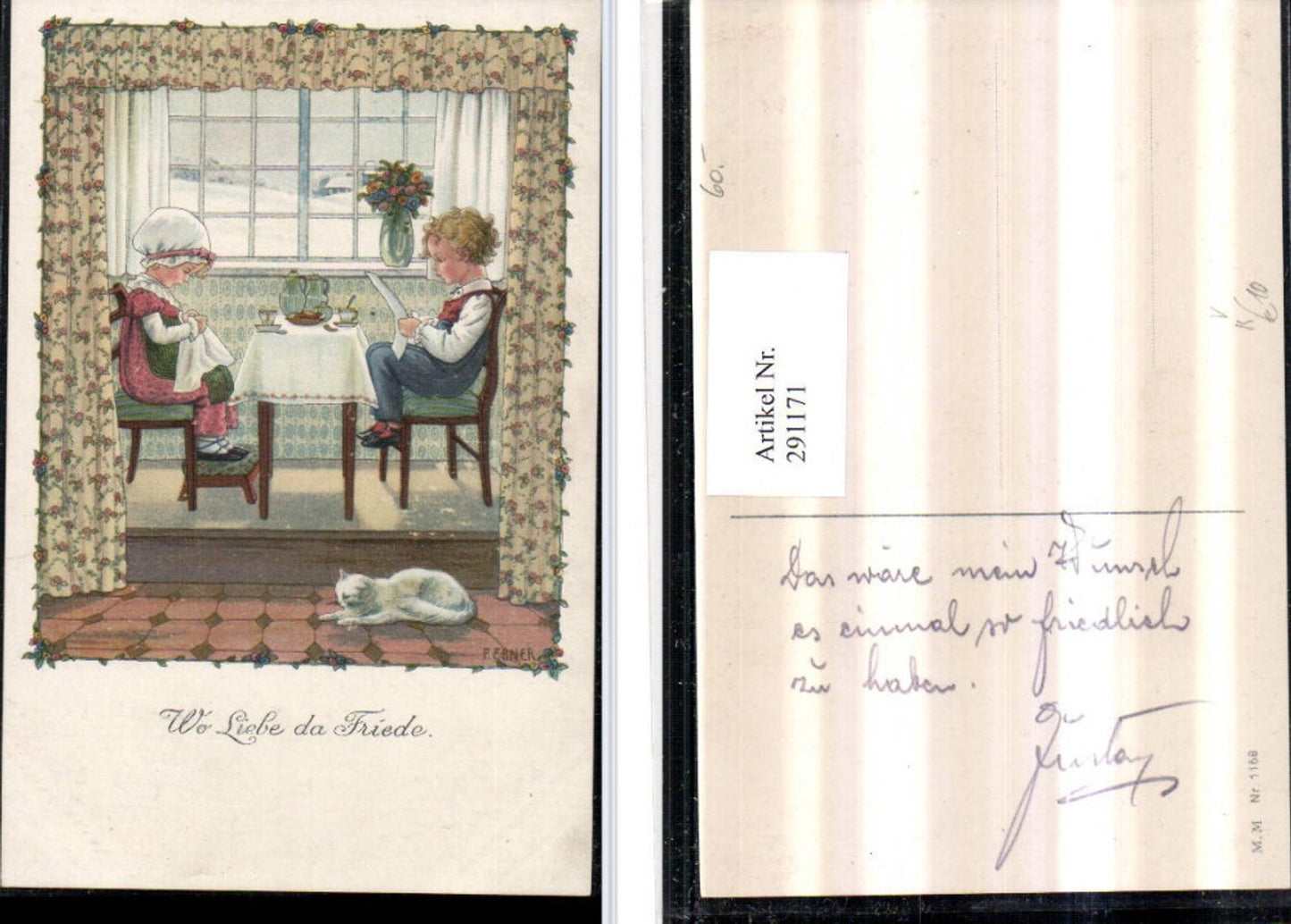 291171,Künstler AK Pauli Ebner Wo Liebe da Friede Kinder b. Tisch Sticken Katze pub M. Munk 1158