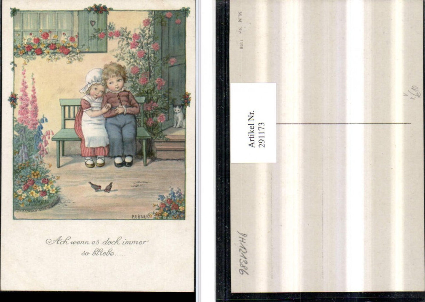 291173,Künstler AK Pauli Ebner Kinder Liebe Gartenbank Blumen Katze pub M. Munk 1158