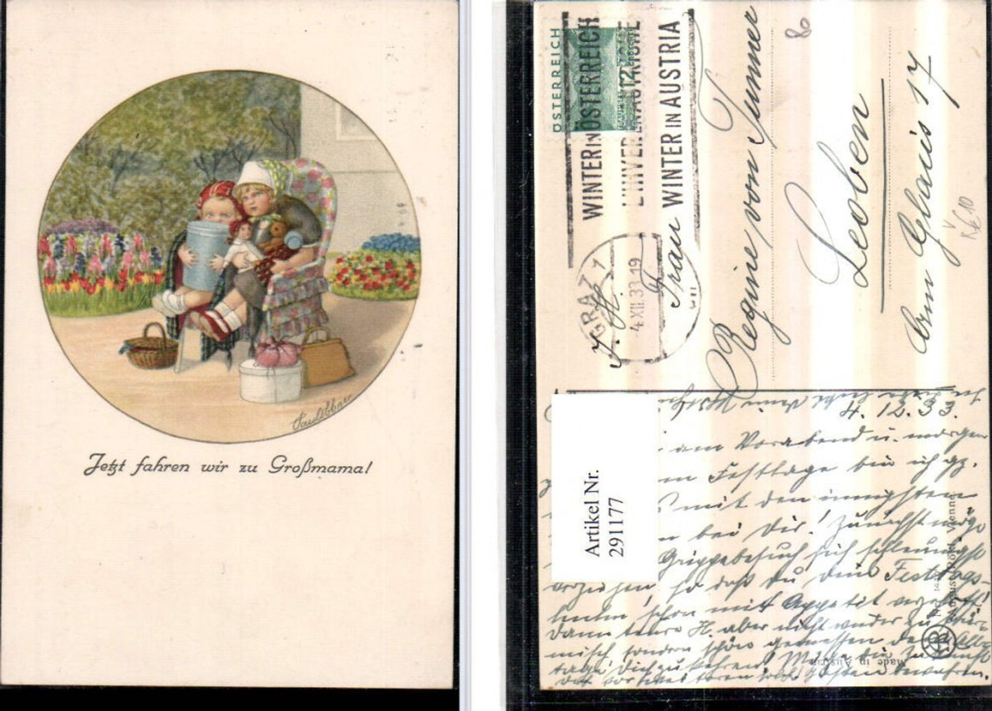 291177,Künstler AK Pauli Ebner Kinder Stuhl Puppe Teddy Gepäck pub August Rökl 1440