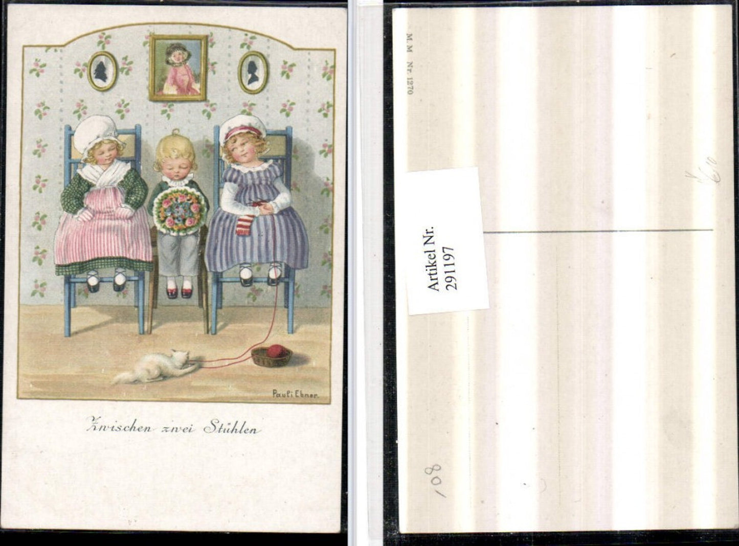 291197,Künstler AK Pauli Ebner Zwischen zwei Stühlen Kinder Stricken Katze pub M. Munk 1270