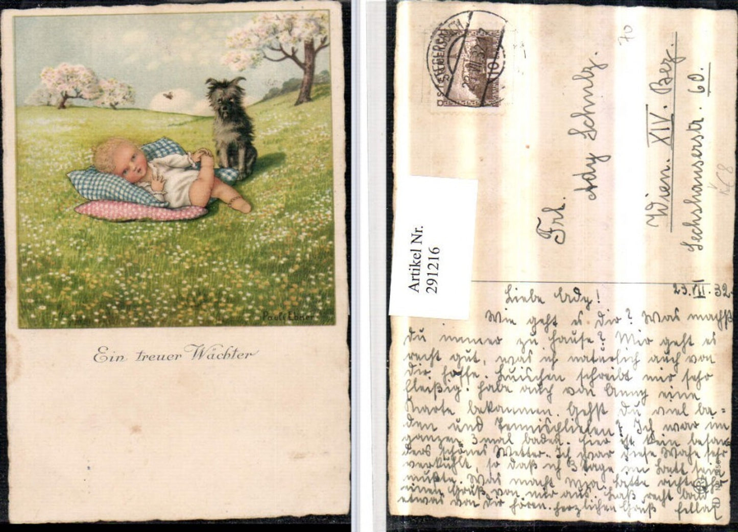 291216,Künstler AK Pauli Ebner Ein treuer Wächter Kind Wiese Polster Hund pub August Rökl 1356