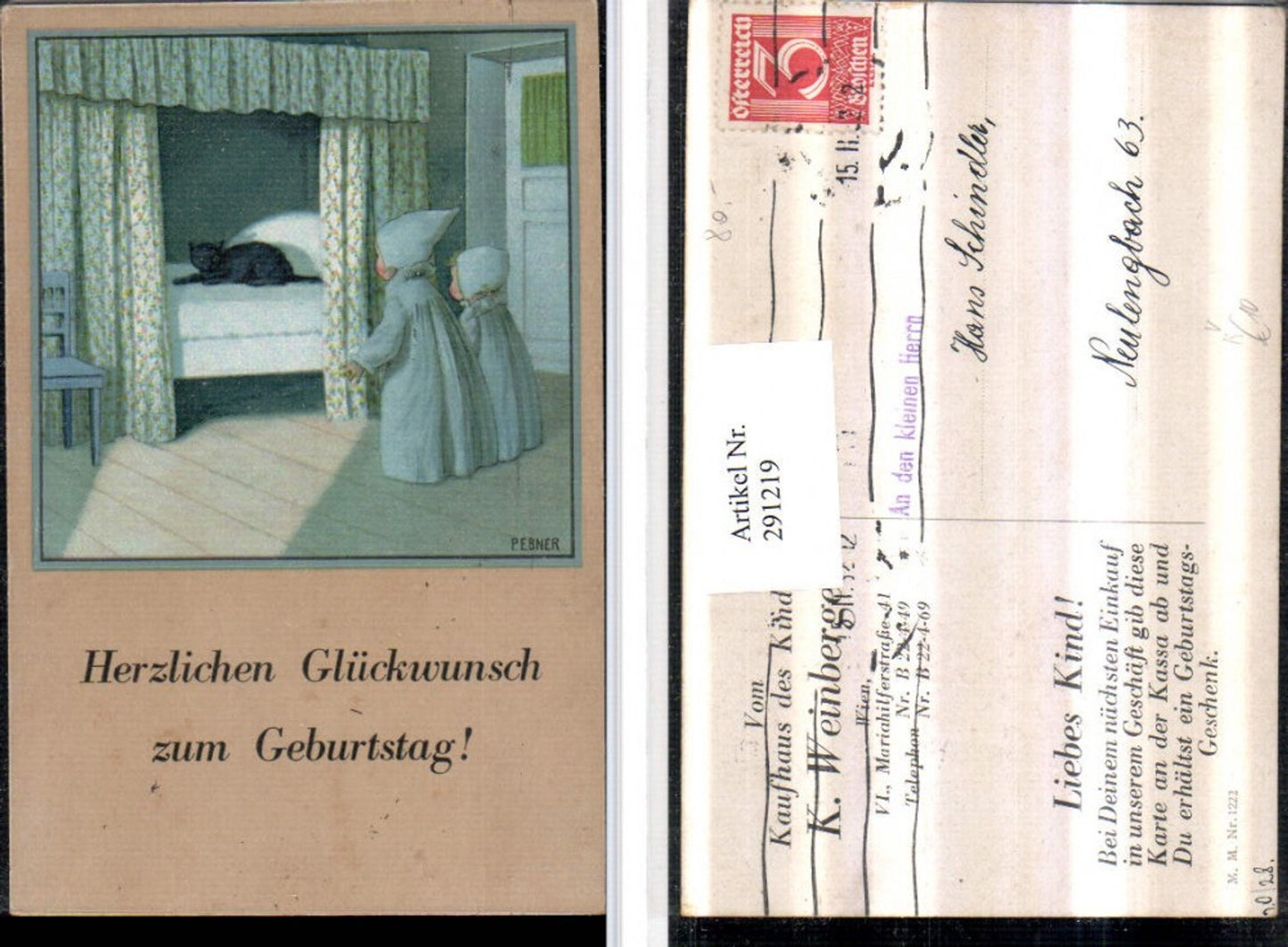 291219,Künstler AK Pauli Ebner Geburtstag Kinder Nachtkleid Bett Katze pub M. Munk 1222